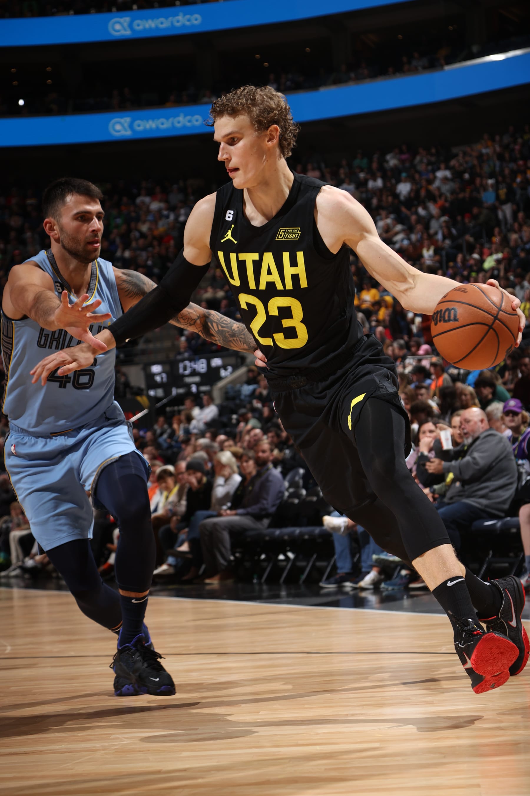 SALT LAKE CITY, UT - OCTOBER 31: Lauri Markkanen #23 of the Utah Jazz dribbles the ball during the game against the Memphis Grizzlies on October 31, 2022 at vivint.SmartHome Arena in Salt Lake City, Utah. NOTE TO USER: User expressly acknowledges and agrees that, by downloading and or using this Photograph, User is consenting to the terms and conditions of the Getty Images License Agreement. Mandatory Copyright Notice: Copyright 2022 NBAE (Photo by Melissa Majchrzak/NBAE via Getty Images)