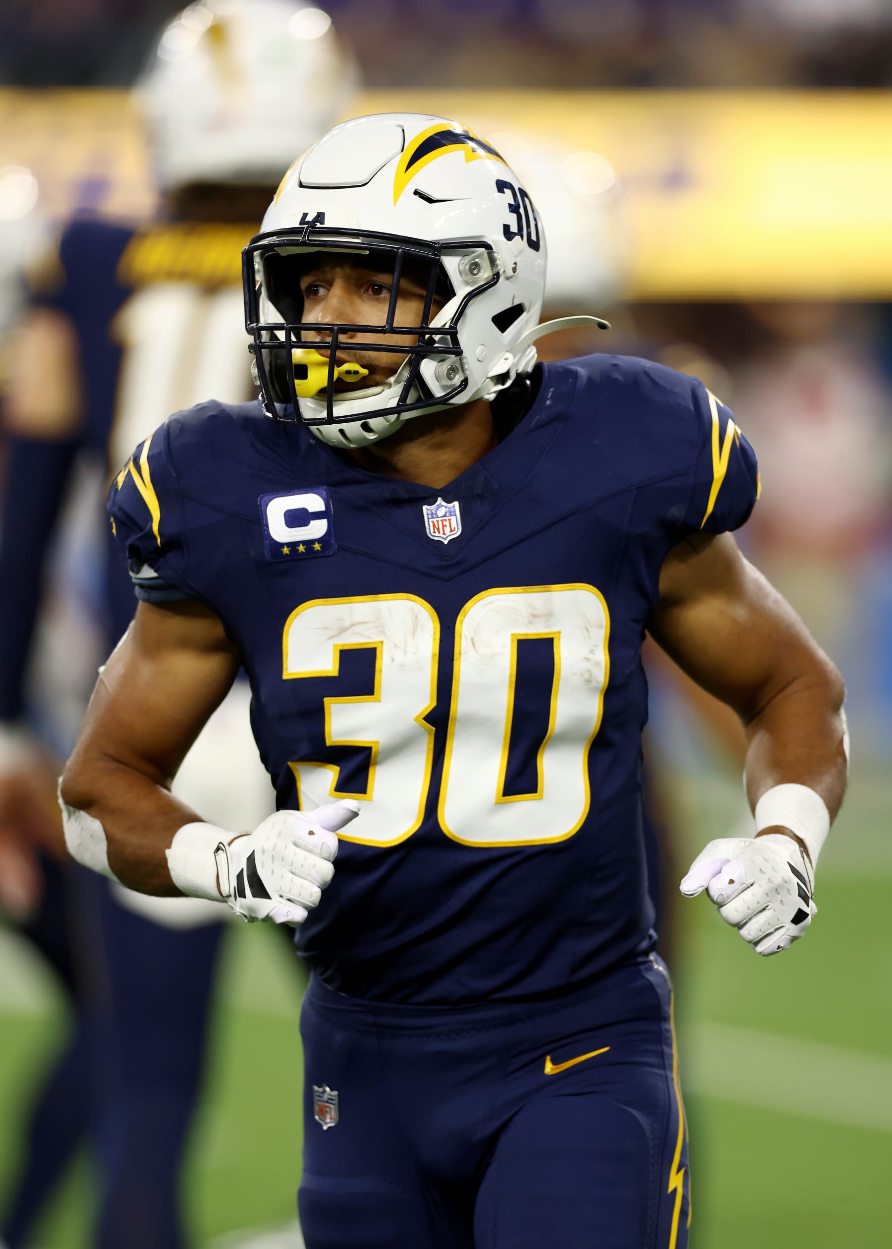 INGLEWOOD, CALIFORNIA - NOVEMBER 26: Austin Ekeler #30 of the Los Angeles Chargers looks on during the first quarter against the Baltimore Ravens at SoFi Stadium on November 26, 2023 in Inglewood, California. (Photo by Katelyn Mulcahy/Getty Images)