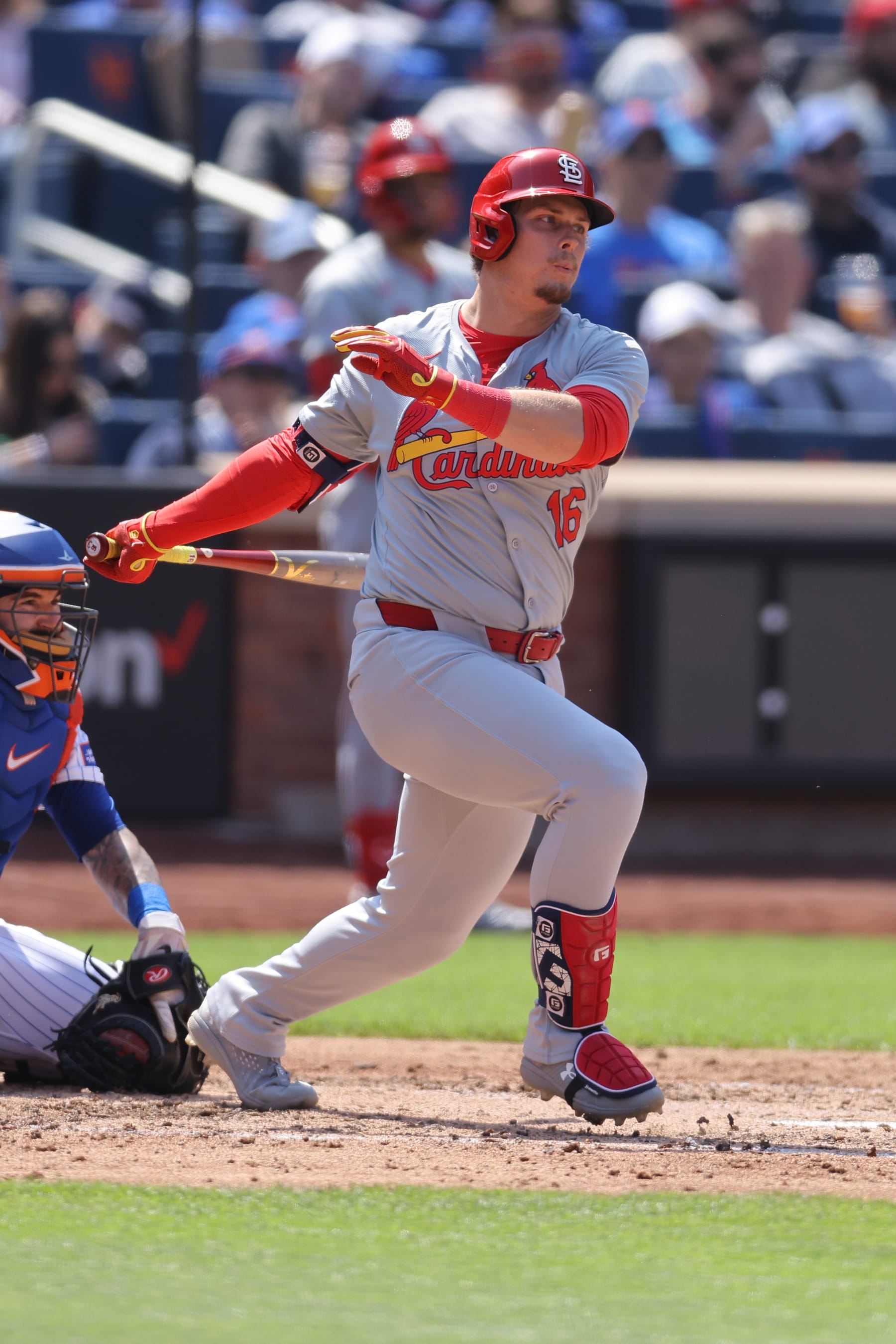 NEW YORK, NEW YORK - APRIL 28: Nolan Gorman #16 of the St. Louis Cardinals in action against the New York Mets at Citi Field on April 28, 2024 in New York City. New York Mets defeated the St. Louis Cardinals 4-2 in 11 innings. (Photo by Mike Stobe/Getty Images)