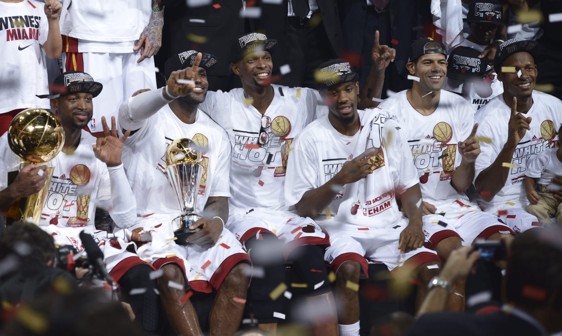 Dwyane Wade, LeBron James, Chris Bosh, Norris Cole and Shane Battier