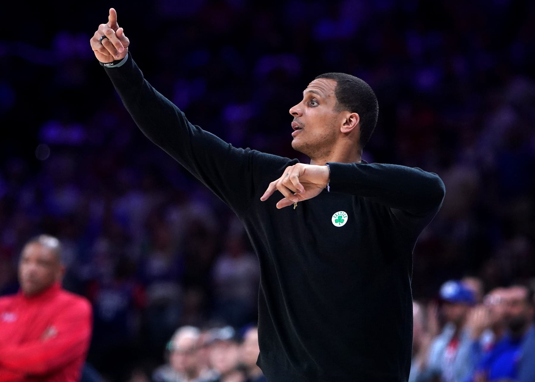 Philadelphia, PA - May 7: Boston Celtics head coach Joe Mazzulla directs his players. The Celtics lost to the Philadelphia 76ers, 116-115, in overtime of Game 4 of the 2023 Eastern Conference Semifinals. (Photo by Barry Chin/The Boston Globe via Getty Images)