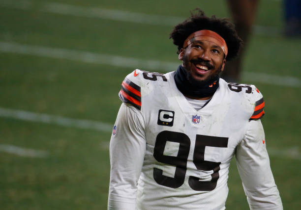 PITTSBURGH, PA - JANUARY 11:  Myles Garrett #95 of the Cleveland Browns celebrates against the Pittsburgh Steelers on January 11, 2021 at Heinz Field in Pittsburgh, Pennsylvania.  (Photo by Justin K. Aller/Getty Images)