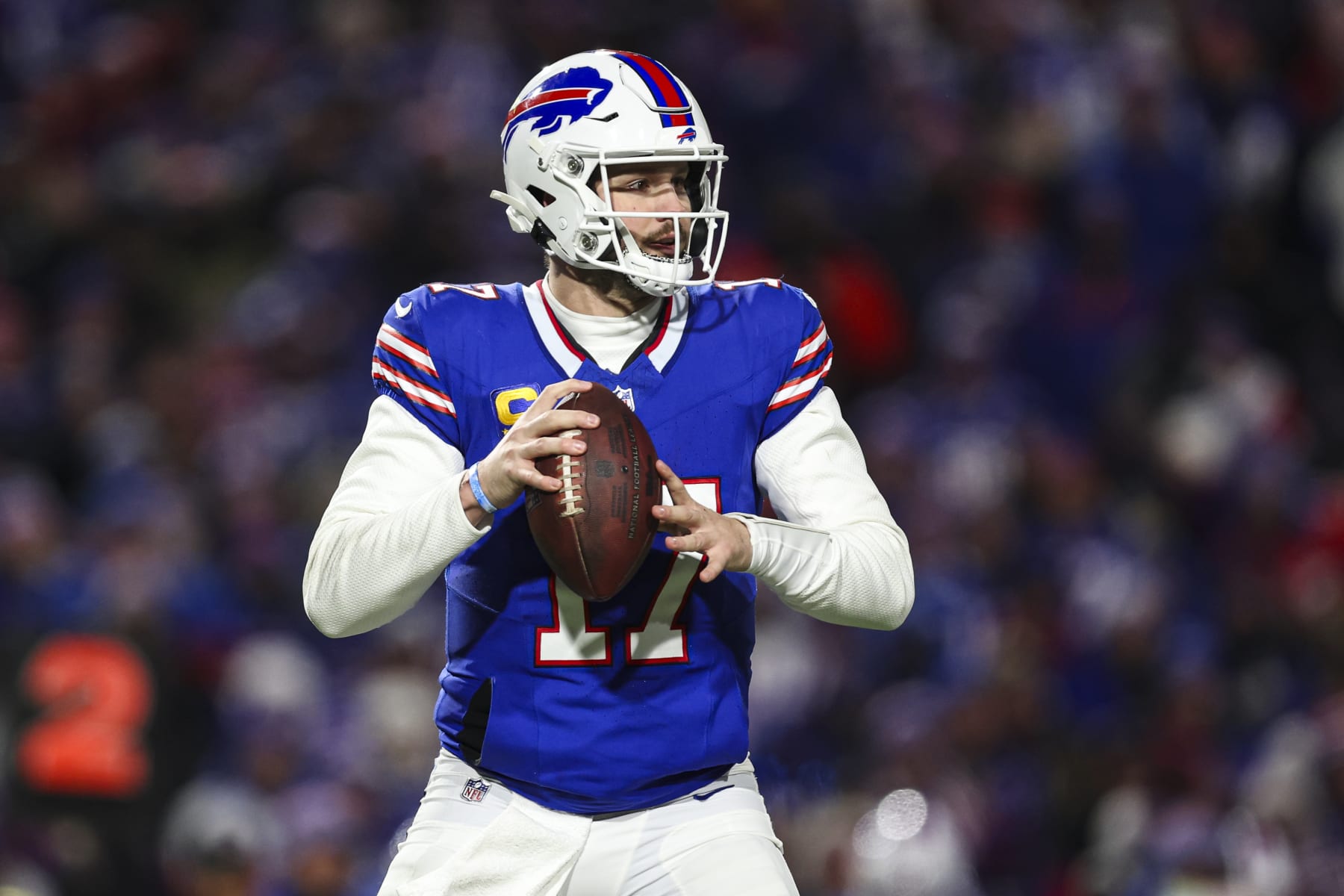 ORCHARD PARK, NY - JANUARY 21: Josh Allen #17 of the Buffalo Bills drops back to pass during an NFL divisional round playoff football game against the Kansas City Chiefs at Highmark Stadium on January 21, 2024 in Orchard Park, New York. (Photo by Perry Knotts/Getty Images)