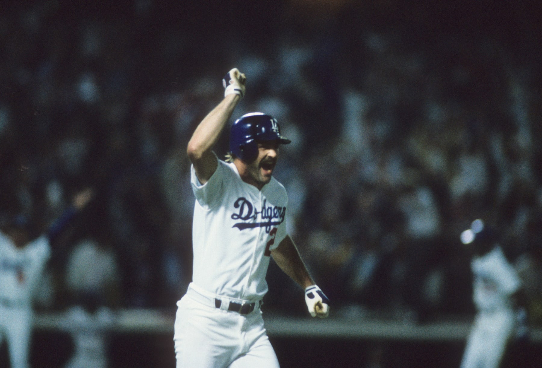 Baseball: World Series: Los Angeles Dodgers Kirk Gibson (23) victorious after hitting game-winning, walk-off home run to win Game 1 vs Oakland Athletics at Dodger Stadium. 
Los Angeles, CA 10/15/1988
CREDIT: Heinz Kluetmeier (Photo by Heinz Kluetmeier /Sports Illustrated via Getty Images)
(Set Number: X37264 TK1 R22 F24 )