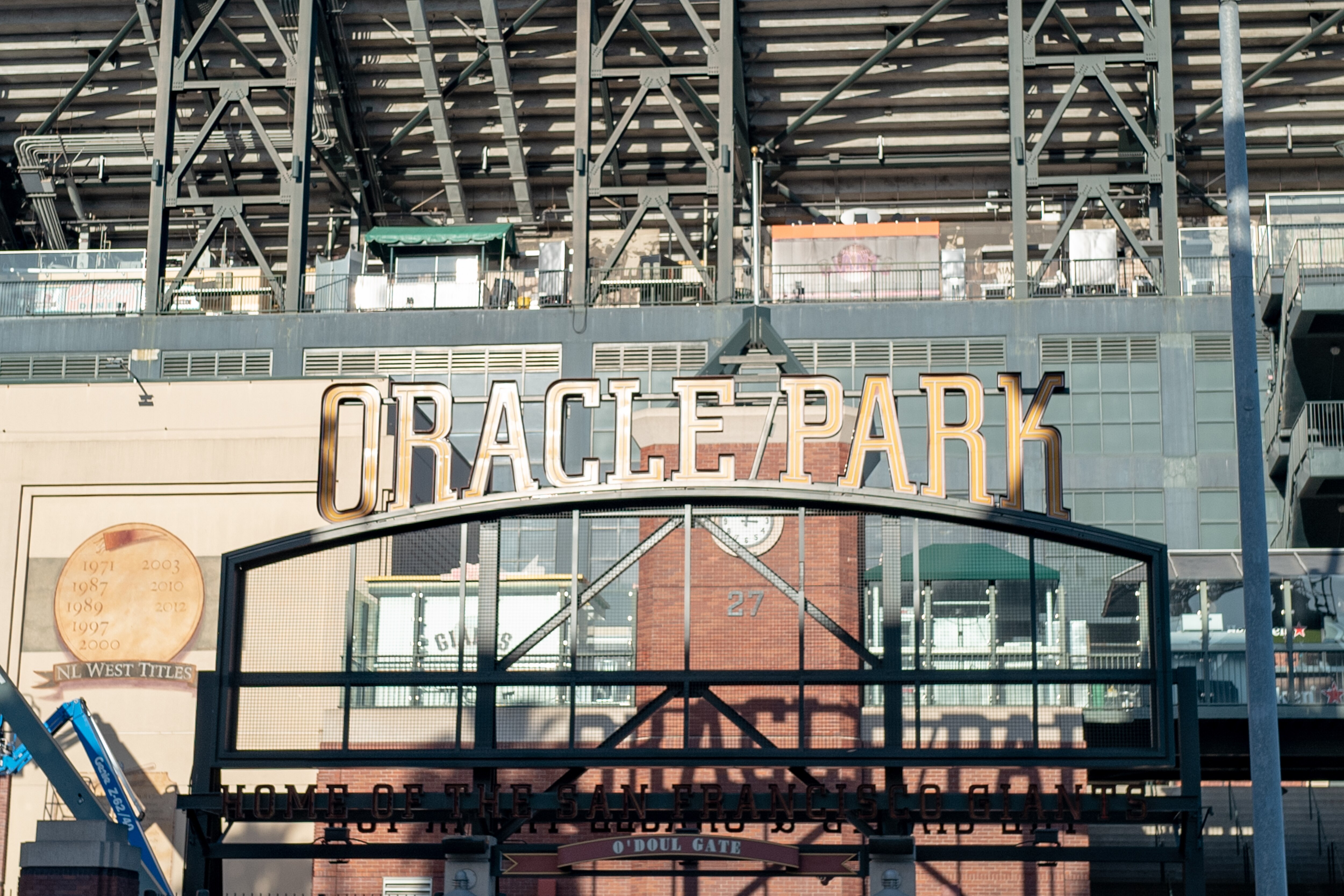 Facade of Oracle Park, a baseball park in San Francisco, California, November 19, 2020. (Photo by Smith Collection/Gado/Getty Images)