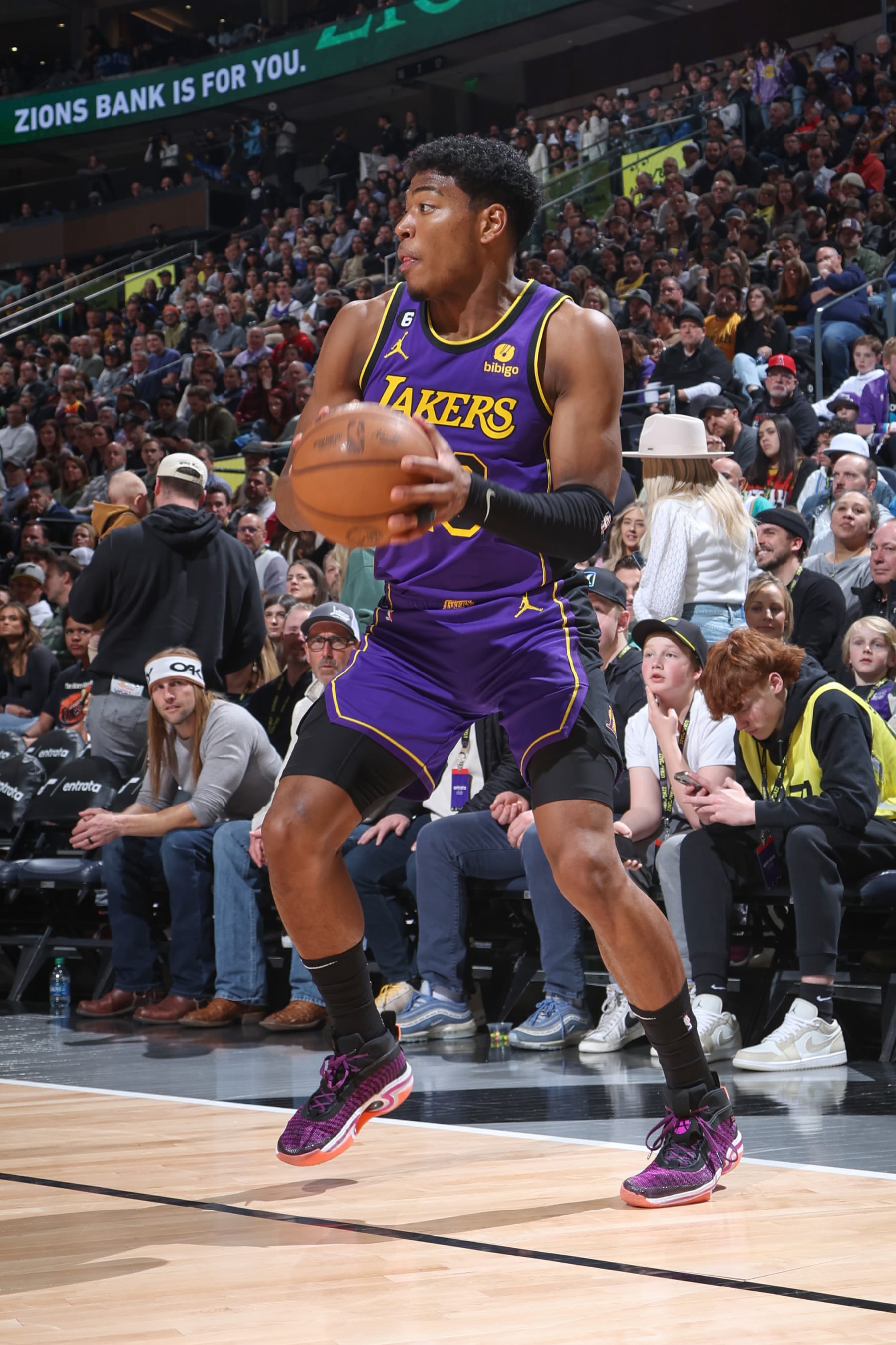SALT LAKE CITY, UT - APRIL 4:  Rui Hachimura #28 of the Los Angeles Lakers goes to the basket during the game on April 4, 2023 at vivint.SmartHome Arena in Salt Lake City, Utah. NOTE TO USER: User expressly acknowledges and agrees that, by downloading and or using this Photograph, User is consenting to the terms and conditions of the Getty Images License Agreement. Mandatory Copyright Notice: Copyright 2023 NBAE (Photo by Melissa Majchrzak/NBAE via Getty Images)