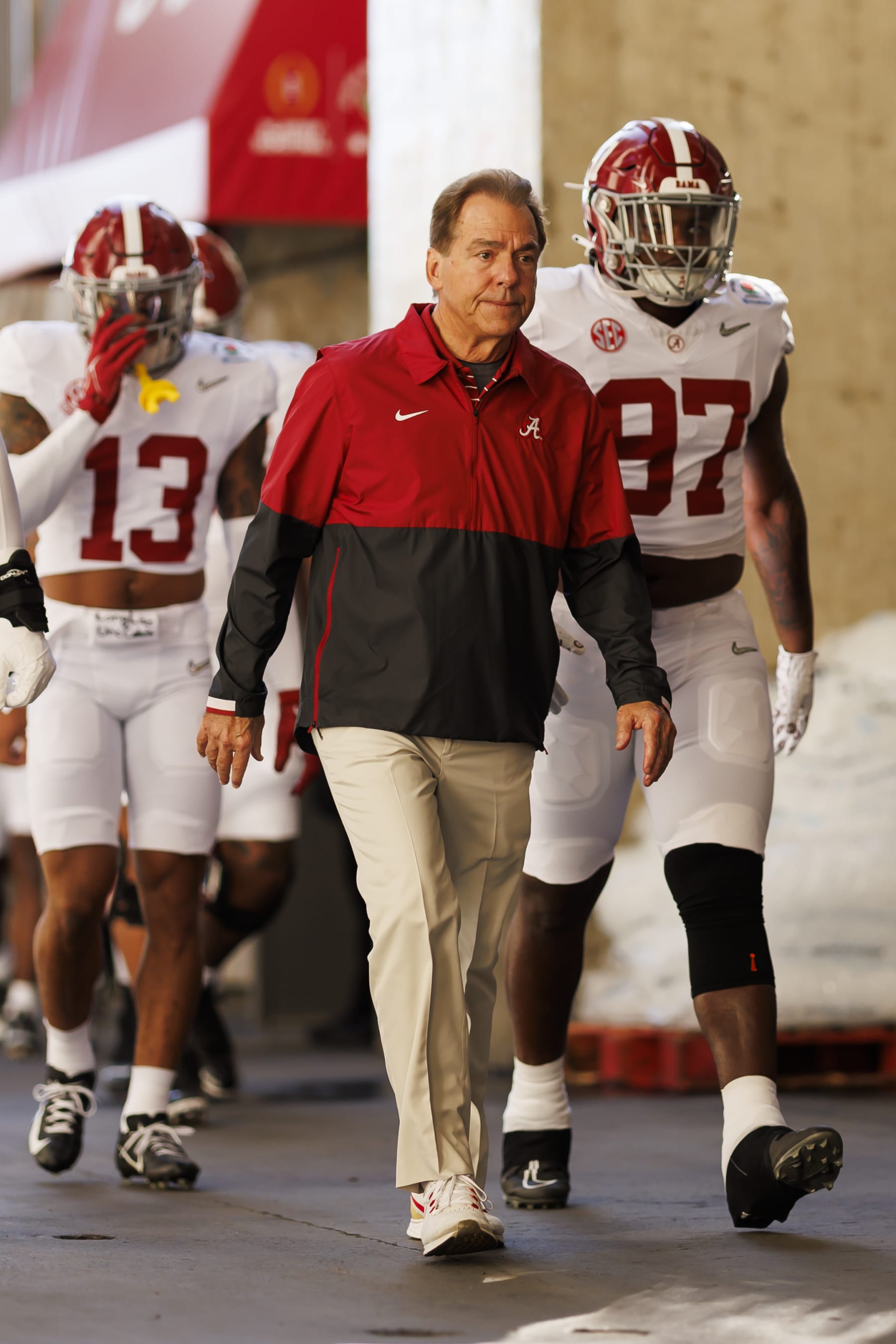 PASADENA, CALIFORNIA - JANUARY 01: Head coach Nick Saban of the Alabama Crimson Tide walks to the field before the CFP Semifinal Rose Bowl Game against the Michigan Wolverines at Rose Bowl Stadium on January 1, 2024 in Pasadena, California. (Photo by Ryan Kang/Getty Images)