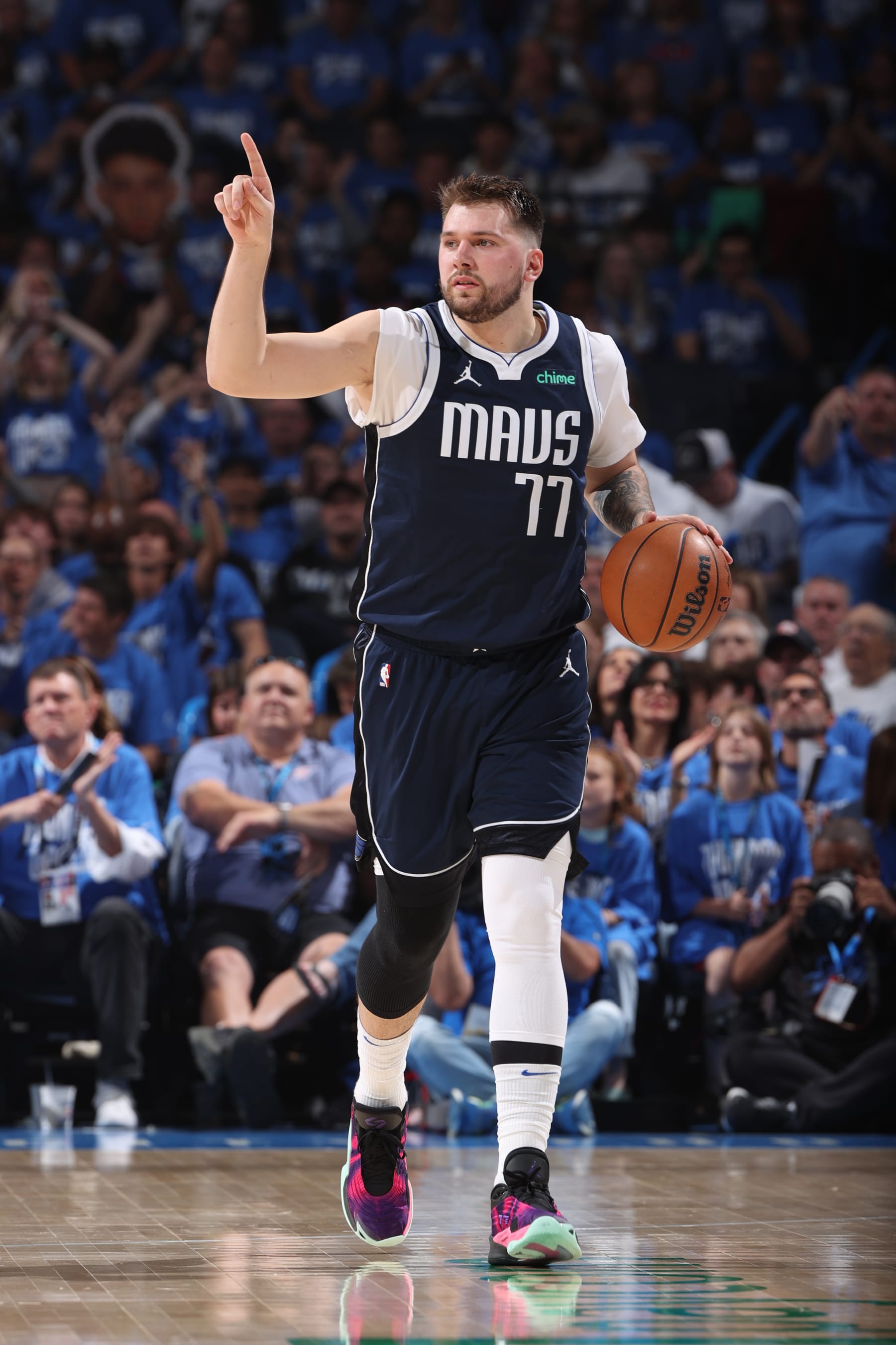 OKLAHOMA CITY, OK - MAY 7: Luka Doncic #77 of the Dallas Mavericks dribbles the ball during the game against the Oklahoma City Thunder during Round 2 Game 1 of the 2024 NBA Playoffs on May 7, 2024 at Paycom Arena in Oklahoma City, Oklahoma. NOTE TO USER: User expressly acknowledges and agrees that, by downloading and or using this photograph, User is consenting to the terms and conditions of the Getty Images License Agreement. Mandatory Copyright Notice: Copyright 2024 NBAE (Photo by Joe Murphy/NBAE via Getty Images)