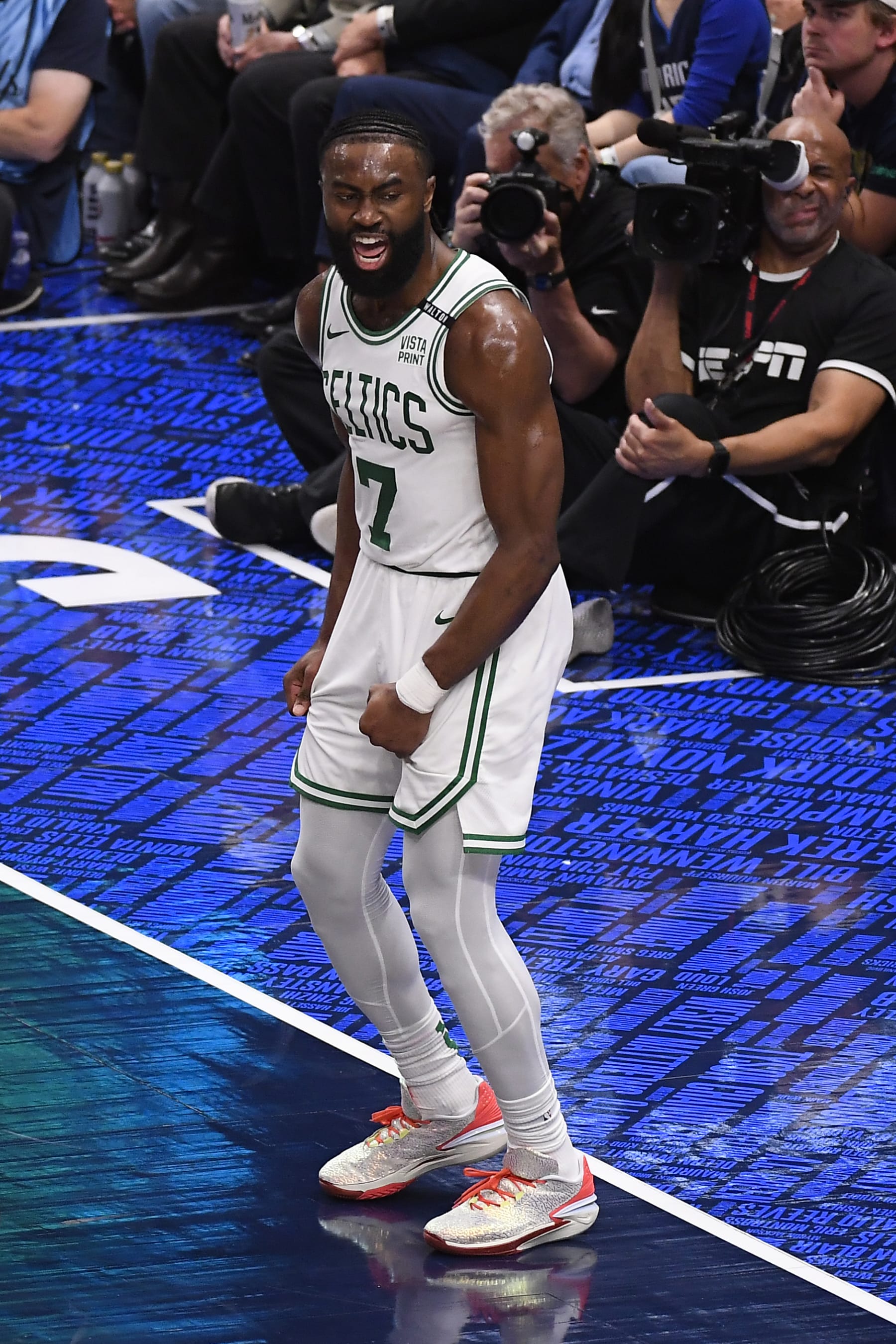 DALLAS, TX - JUNE 12: Jaylen Brown #7 of the Boston Celtics celebrates during the game against the Dallas Mavericks during Game 3 of the 2024 NBA Finals on June 12, 2024 at the American Airlines Center in Dallas, Texas. NOTE TO USER: User expressly acknowledges and agrees that, by downloading and or using this photograph, User is consenting to the terms and conditions of the Getty Images License Agreement. Mandatory Copyright Notice: Copyright 2024 NBAE (Photo by Brian Babineau/NBAE via Getty Images)