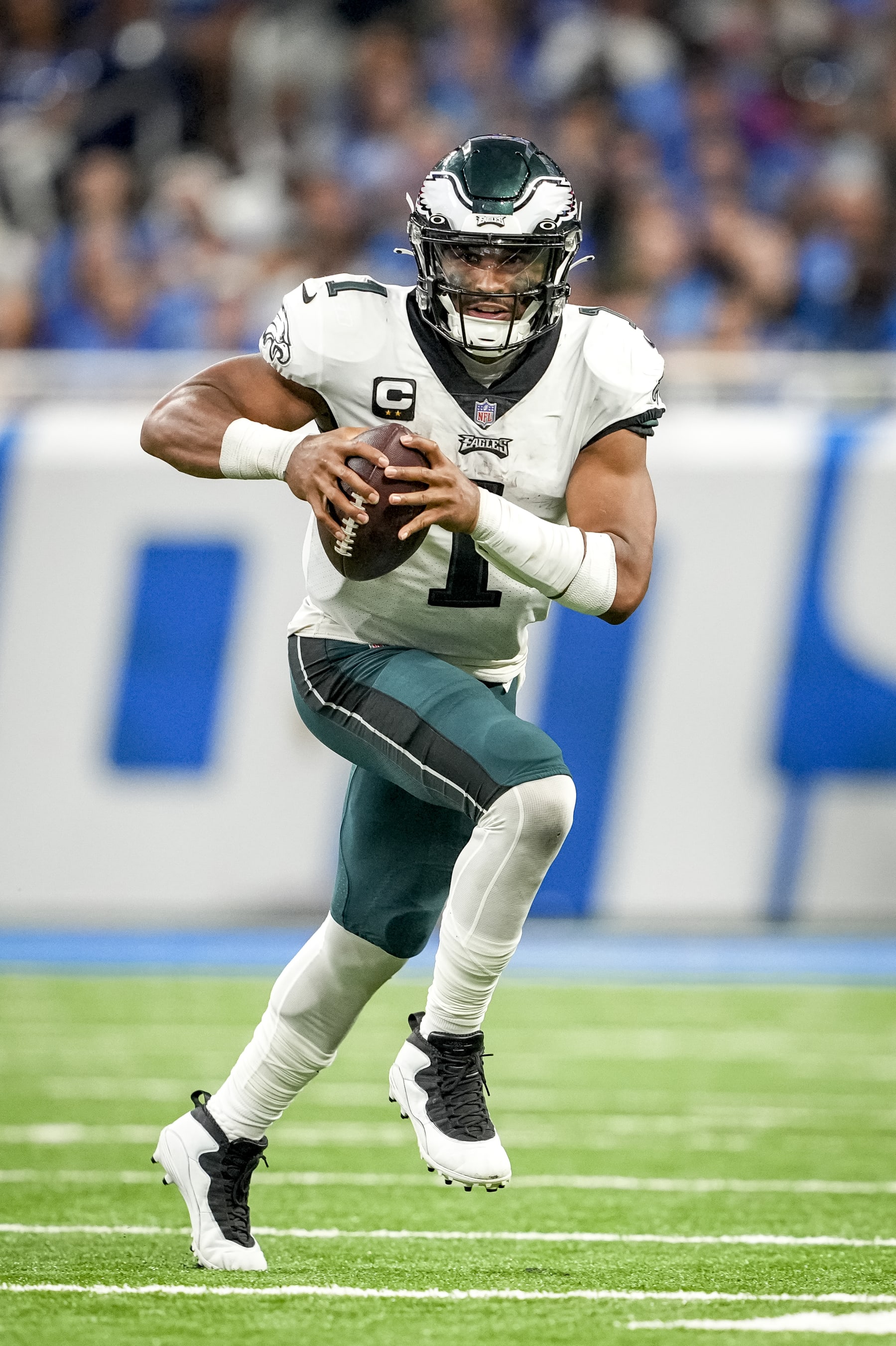 DETROIT, MICHIGAN - SEPTEMBER 11: Jalen Hurts #1 of the Philadelphia Eagles runs in action during the game against the Detroit Lions at Ford Field on September 11, 2022 in Detroit, Michigan. (Photo by Nic Antaya/Getty Images)
