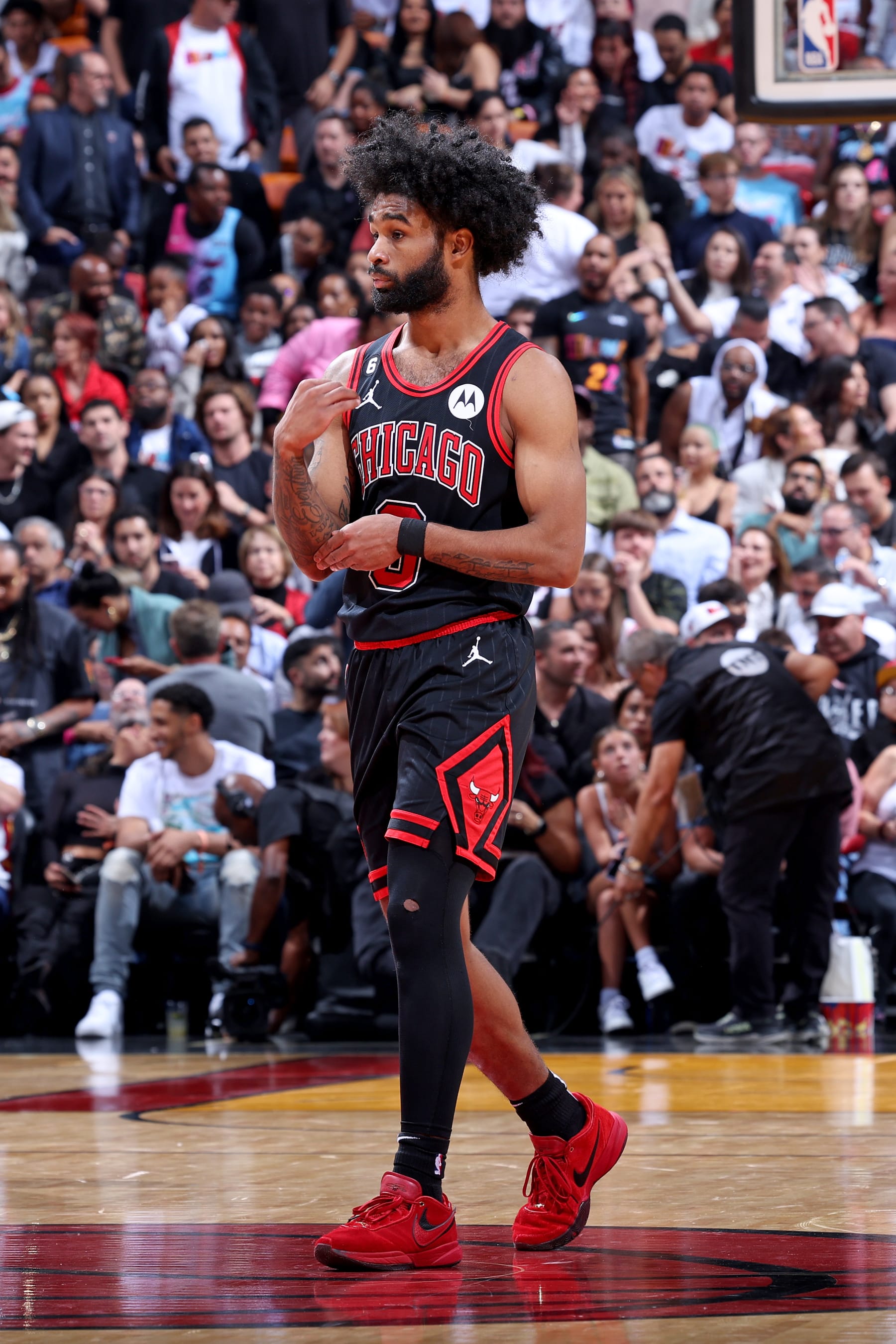 MIAMI, FL - APRIL 14: Coby White #0 of the Chicago Bulls looks on during the game against the Miami Heat During the 2023 Play-in Tournament on April 14, 2023 at Kaseya Center in Miami, Florida. NOTE TO USER: User expressly acknowledges and agrees that, by downloading and or using this photograph, User is consenting to the terms and conditions of the Getty Images License Agreement. Mandatory Copyright Notice: Copyright 2023 NBAE (Photo by Jeff Haynes/NBAE via Getty Images)