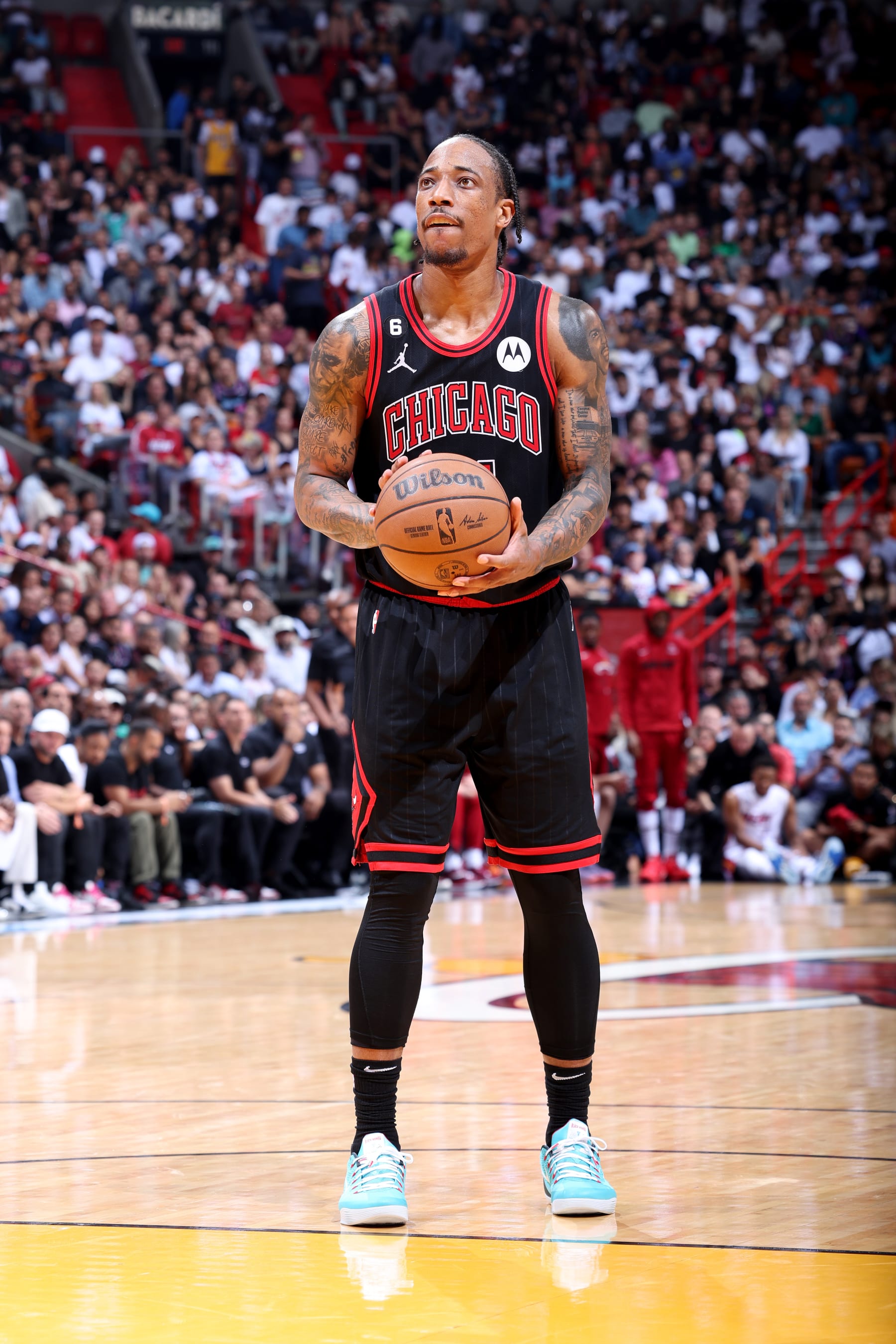 MIAMI, FL - APRIL 14: DeMar DeRozan #11 of the Chicago Bulls prepares to shoot a free throw during the game against the Miami Heat During the 2023 Play-in Tournament on April 14, 2023 at Kaseya Center in Miami, Florida. NOTE TO USER: User expressly acknowledges and agrees that, by downloading and or using this photograph, User is consenting to the terms and conditions of the Getty Images License Agreement. Mandatory Copyright Notice: Copyright 2023 NBAE (Photo by Jeff Haynes/NBAE via Getty Images)