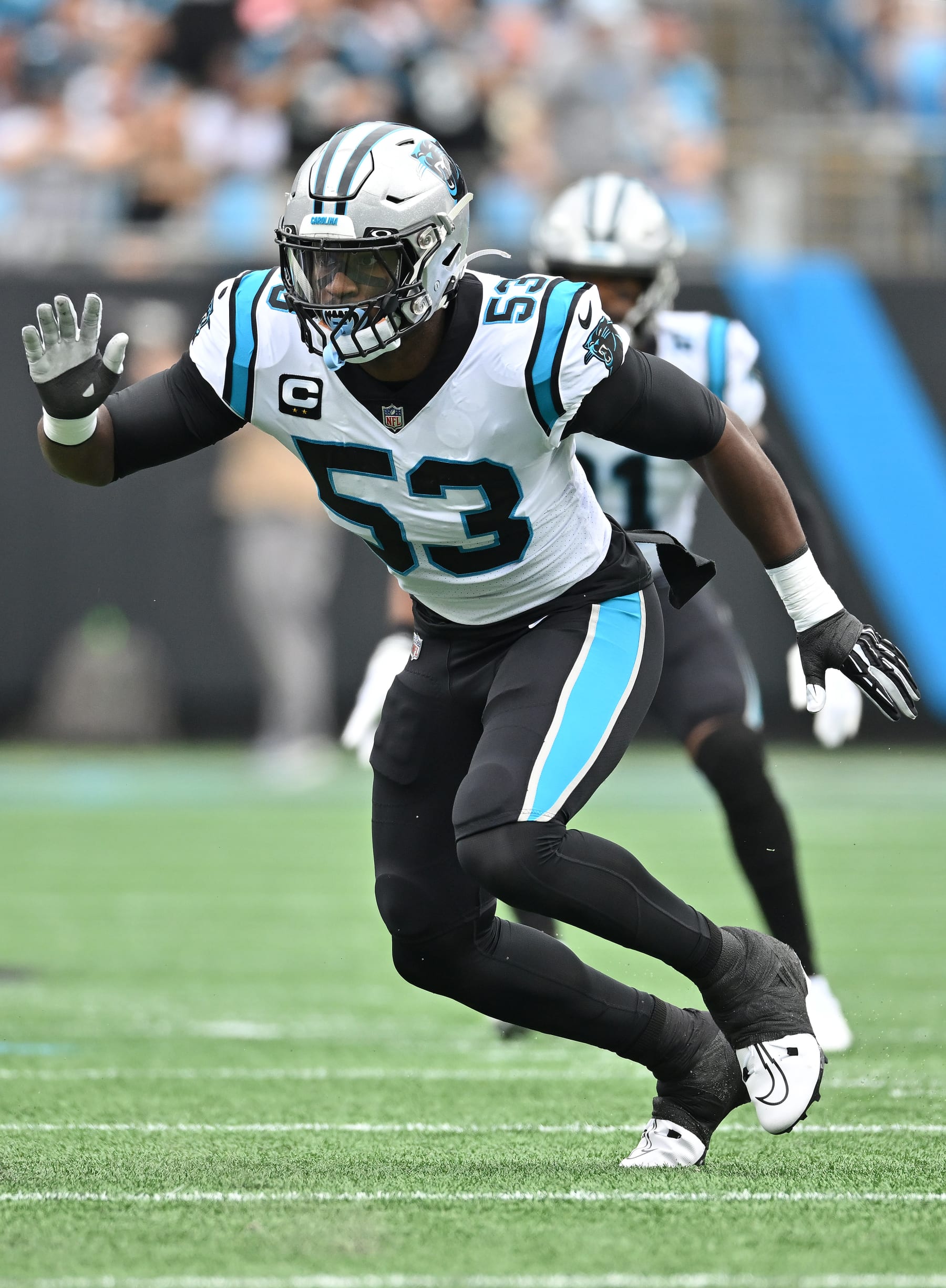 CHARLOTTE, NORTH CAROLINA - SEPTEMBER 25: Brian Burns #53 of the Carolina Panthers rushed against the New Orleans Saints during their game at Bank of America Stadium on September 25, 2022 in Charlotte, North Carolina. (Photo by Grant Halverson/Getty Images)