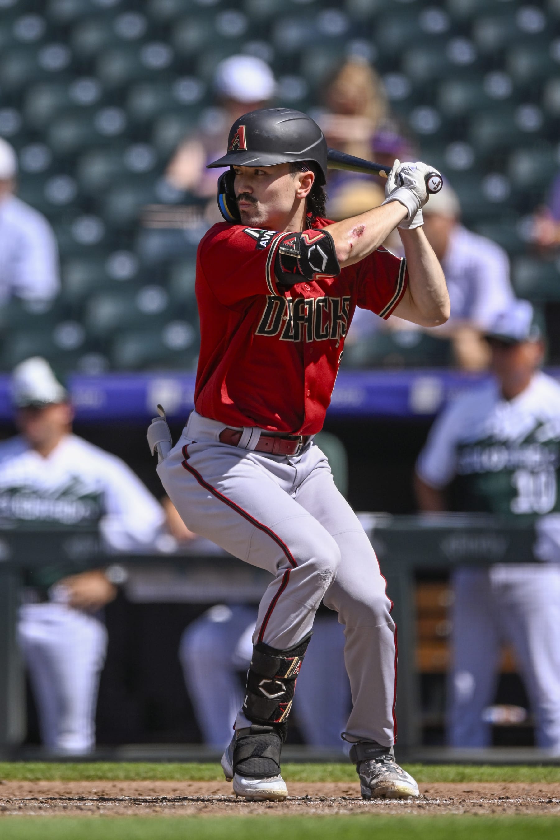 DENVER, CO - AUGUST 16: Arizona Diamondbacks Outfield Corbin Carroll (7) at the plate during a MLB game between the Colorado Rockies and Arizona Diamondbacks on August 16, 2023, at Coors Field in Denver, CO. (Photo by Nick Wosika/Icon Sportswire via Getty Images)