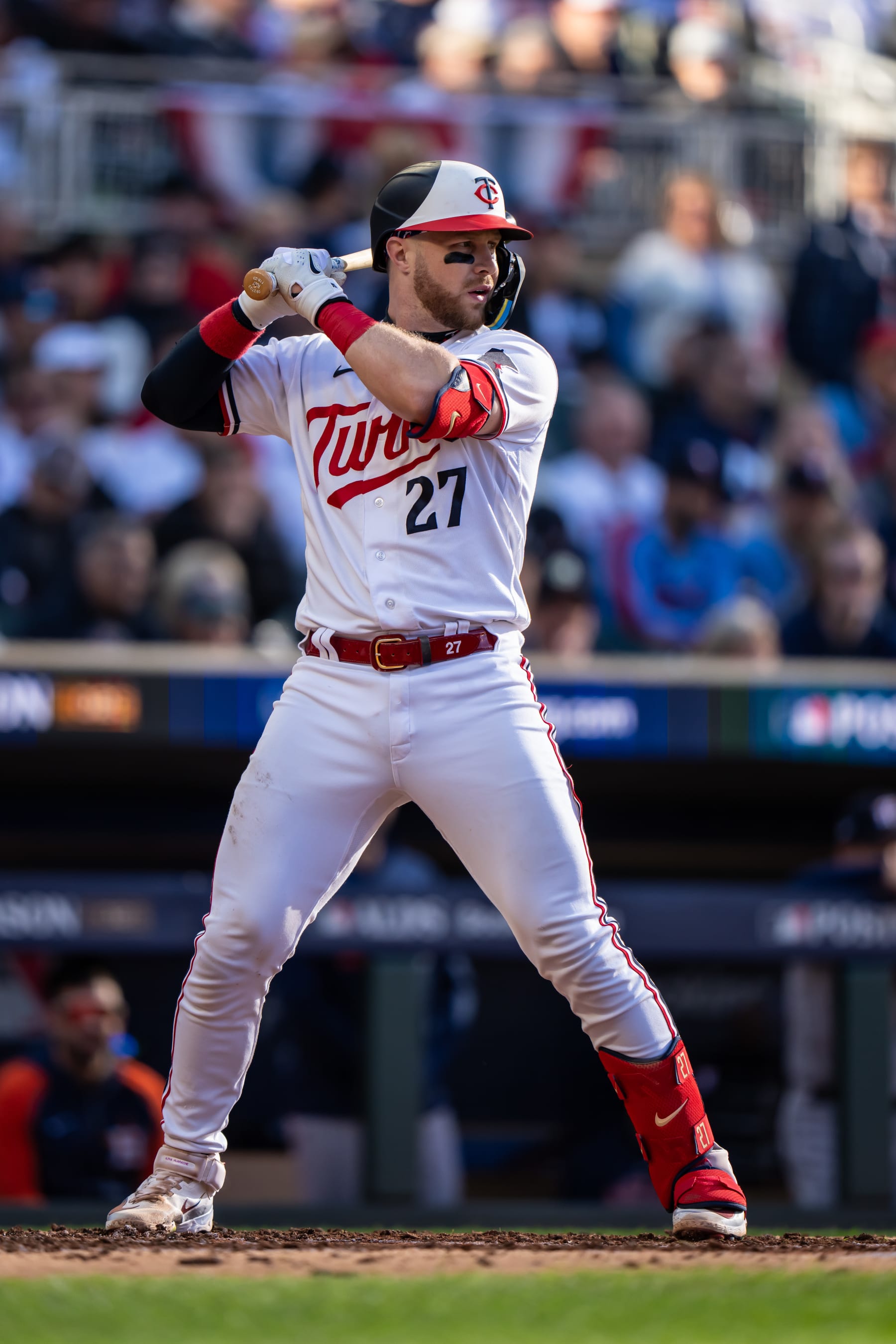 MINNEAPOLIS, MN - OCTOBER 10: Ryan Jeffers #27 of the Minnesota Twins bats during game three of the Division Series against the Houston Astros on October 10, 2023 at Target Field in Minneapolis, Minnesota. (Photo by Brace Hemmelgarn/Minnesota Twins/Getty Images)