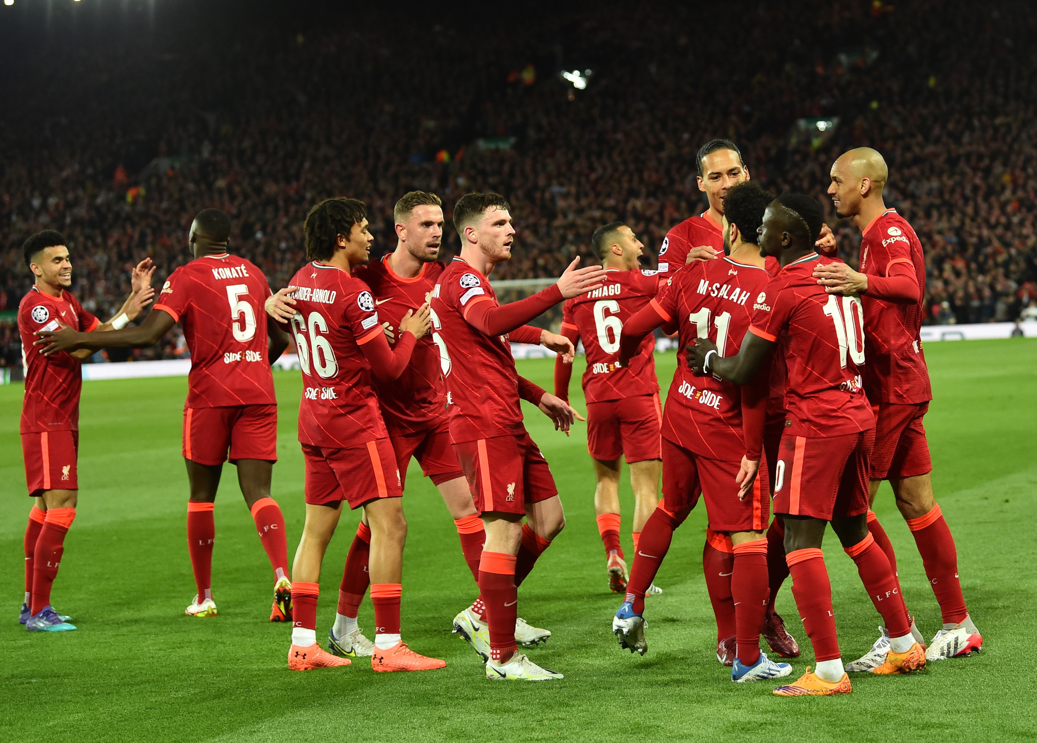 LIVERPOOL, ENGLAND - APRIL 27: ( THE SUN OUT ,THE SUN ON SUNDAY OUT) Sadio Mane of Liverpool celebrates  after scoring the second goal  during the UEFA Champions League Semi Final Leg One match between Liverpool and Villarreal at Anfield on April 27, 2022 in Liverpool, England. (Photo by Andrew Powell/Liverpool FC via Getty Images)
