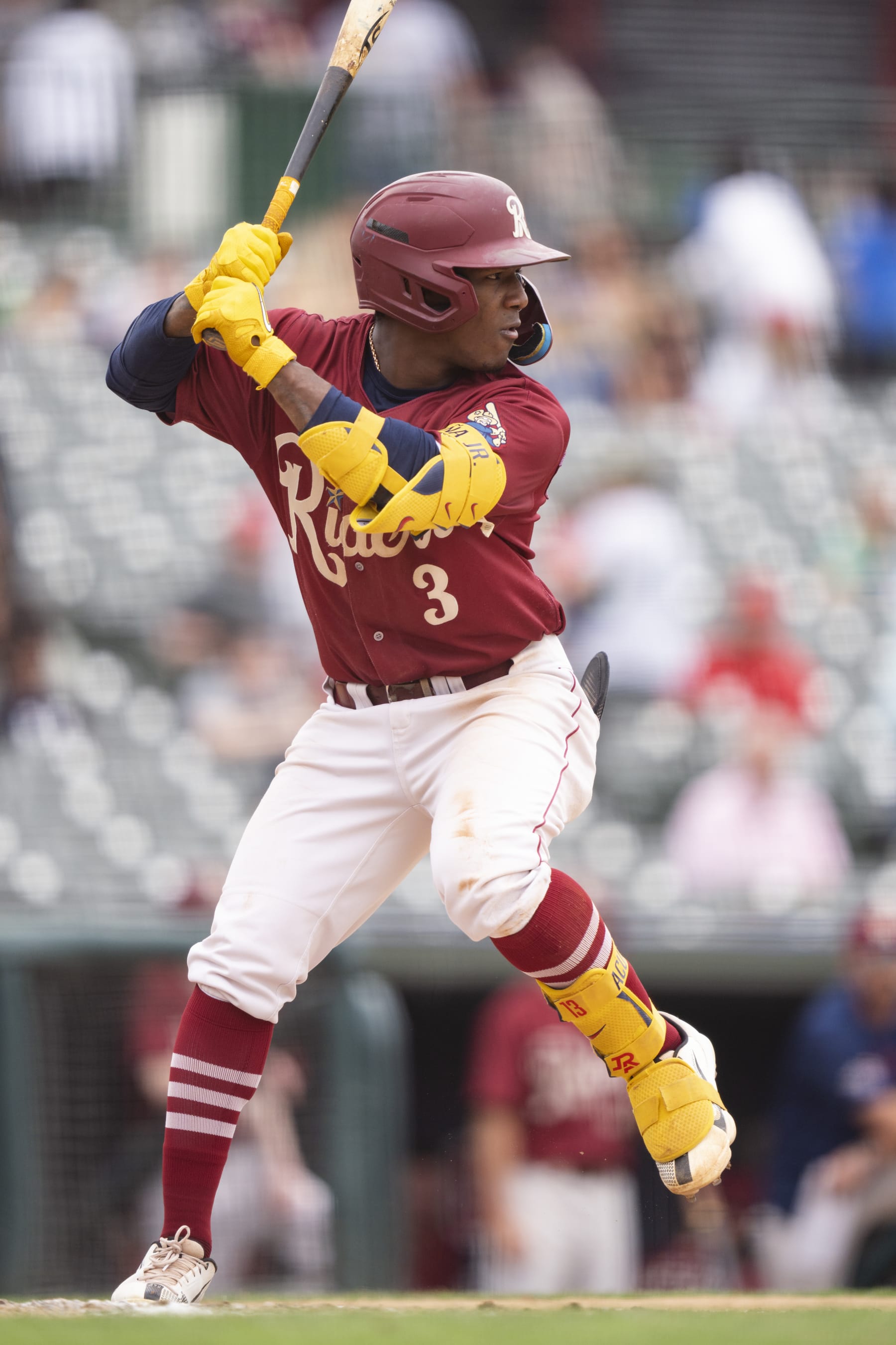 FRISCO, TEXAS - MAY 10: Luisangel Acuna #3 of the Frisco RoughRiders bats during a game against the Wichita Wind Surge at Riders Field on May 10, 2023 in Frisco, Texas. (Photo by Ben Ludeman/Texas Rangers/Getty Images)
