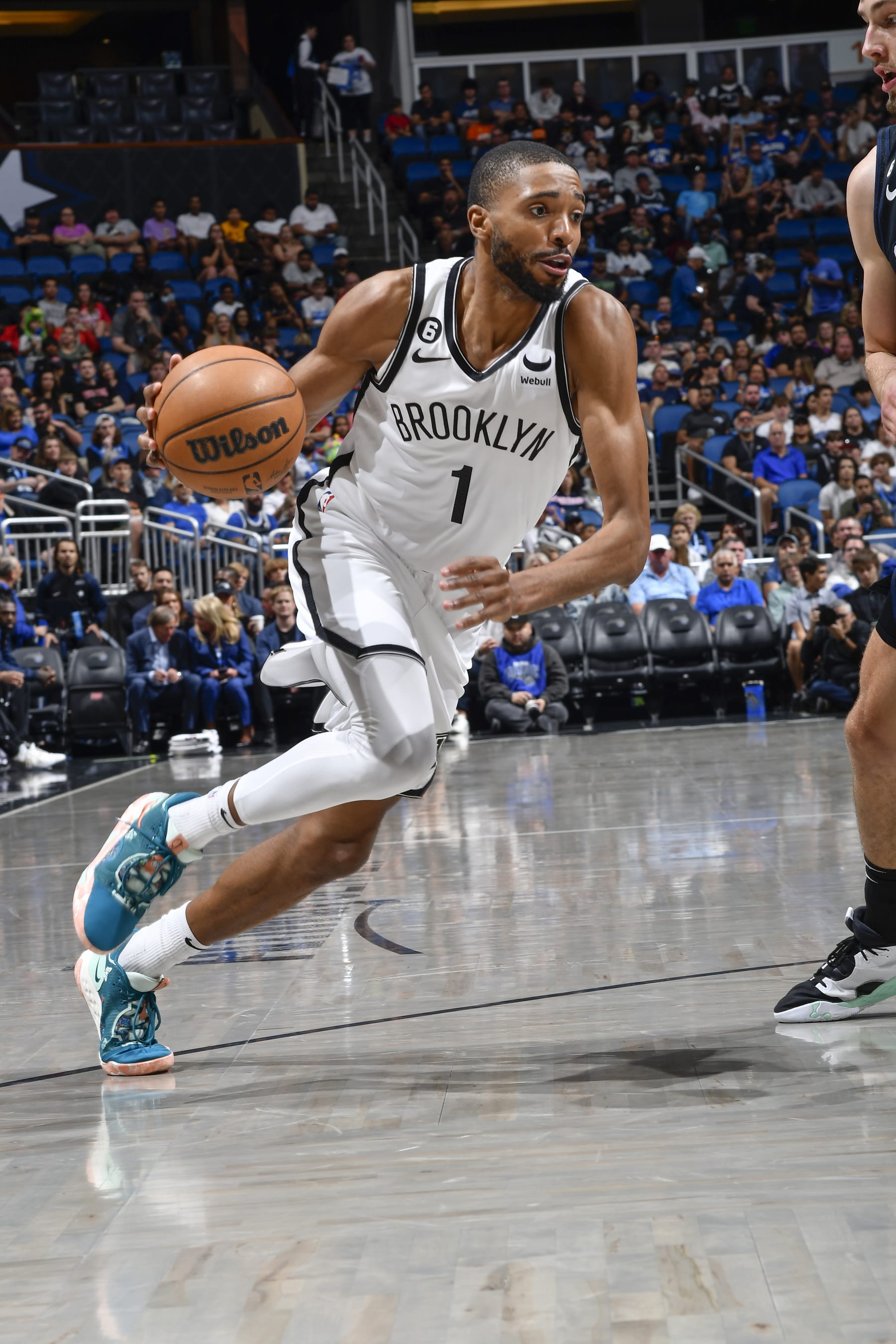 ORLANDO, FL - MARCH 26: Mikal Bridges #1 of the Brooklyn Nets goes to the basket during the game on March 26, 2023 at Amway Center in Orlando, Florida. NOTE TO USER: User expressly acknowledges and agrees that, by downloading and or using this photograph, User is consenting to the terms and conditions of the Getty Images License Agreement. Mandatory Copyright Notice: Copyright 2023 NBAE (Photo by Gary Bassing/NBAE via Getty Images)