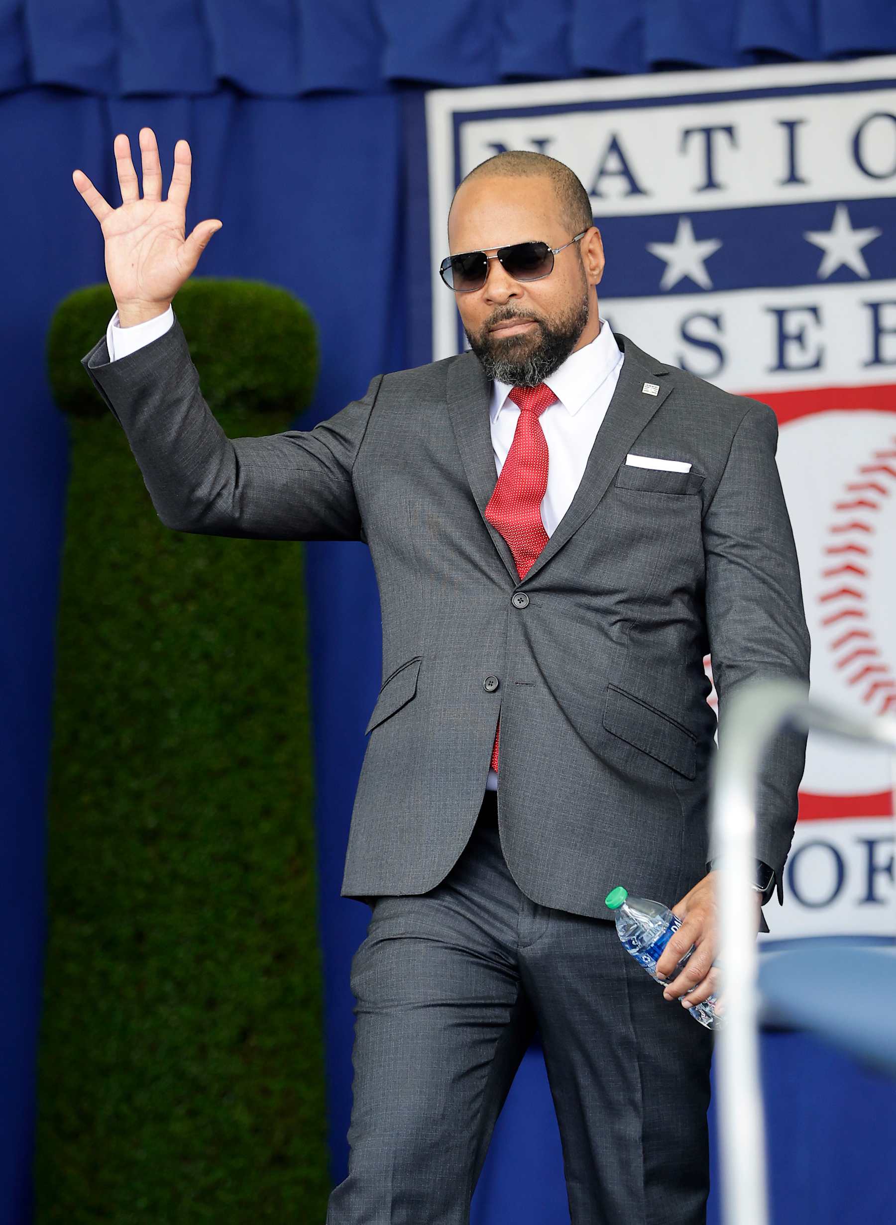 COOPERSTOWN, NEW YORK - JULY 23:  Hall of Famer Barry Larkin is introduced during the Baseball Hall of Fame induction ceremony at Clark Sports Center on July 23, 2023 in Cooperstown, New York. (Photo by Jim McIsaac/Getty Images)