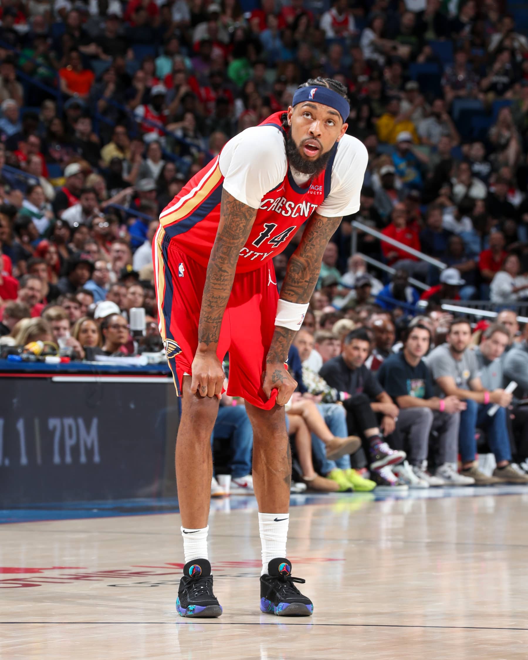 NEW ORLEANS, LA - OCTOBER 23: Brandon Ingram #14 of the New Orleans Pelicans looks on during the game on October 23, 2024 at the Smoothie King Center in New Orleans, Louisiana. NOTE TO USER: User expressly acknowledges and agrees that, by downloading and or using this Photograph, user is consenting to the terms and conditions of the Getty Images License Agreement. Mandatory Copyright Notice: Copyright 2024 NBAE (Photo by Layne Murdoch Jr./NBAE via Getty Images)