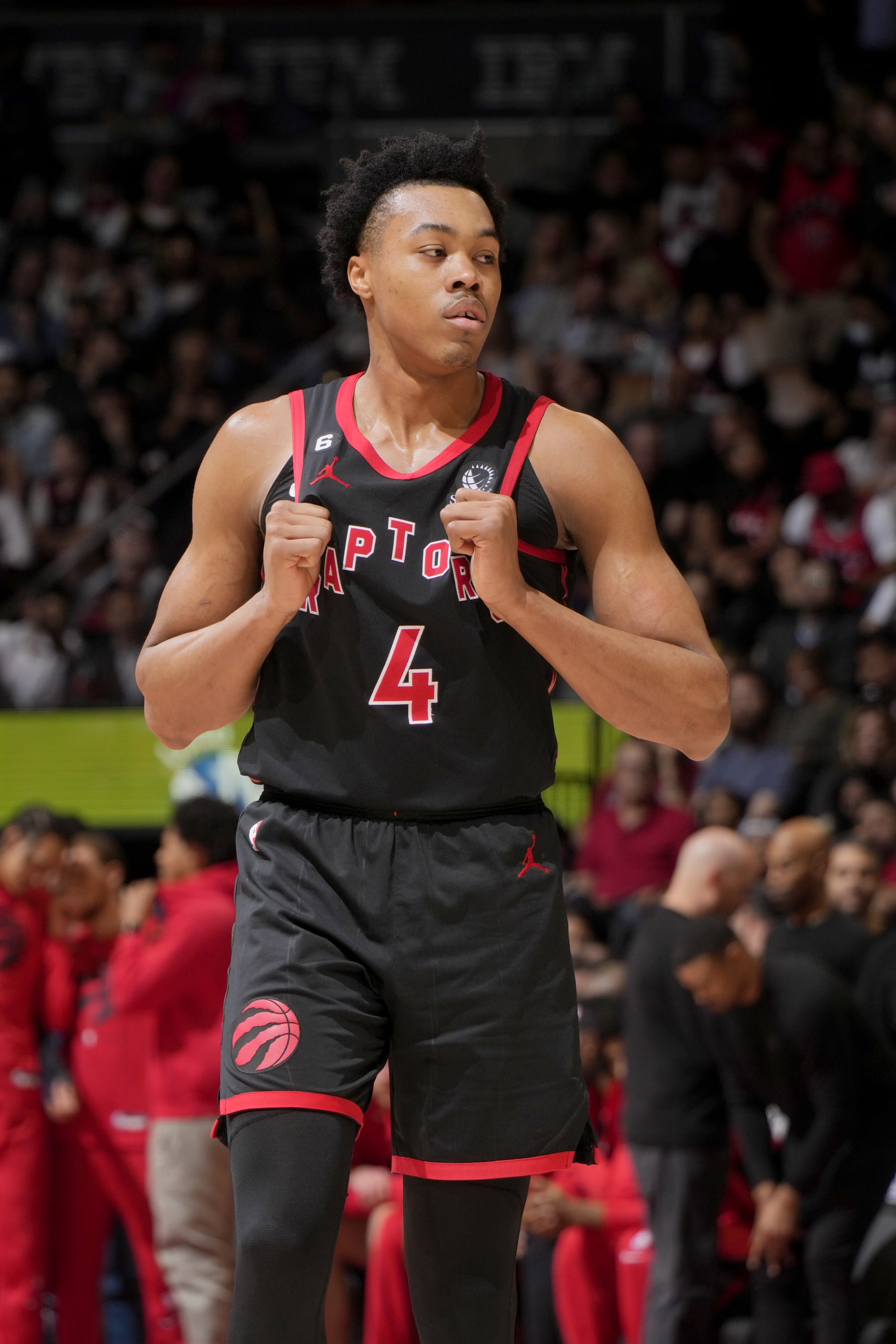 TORONTO, CANADA - APRIL 12:  Scottie Barnes #4 of the Toronto Raptors looks on during the game against the Chicago Bulls during the 2023 Play-In Tournament on April 12, 2023 at the Scotiabank Arena in Toronto, Ontario, Canada.  NOTE TO USER: User expressly acknowledges and agrees that, by downloading and or using this Photograph, user is consenting to the terms and conditions of the Getty Images License Agreement.  Mandatory Copyright Notice: Copyright 2022 NBAE (Photo by Mark Blinch/NBAE via Getty Images)