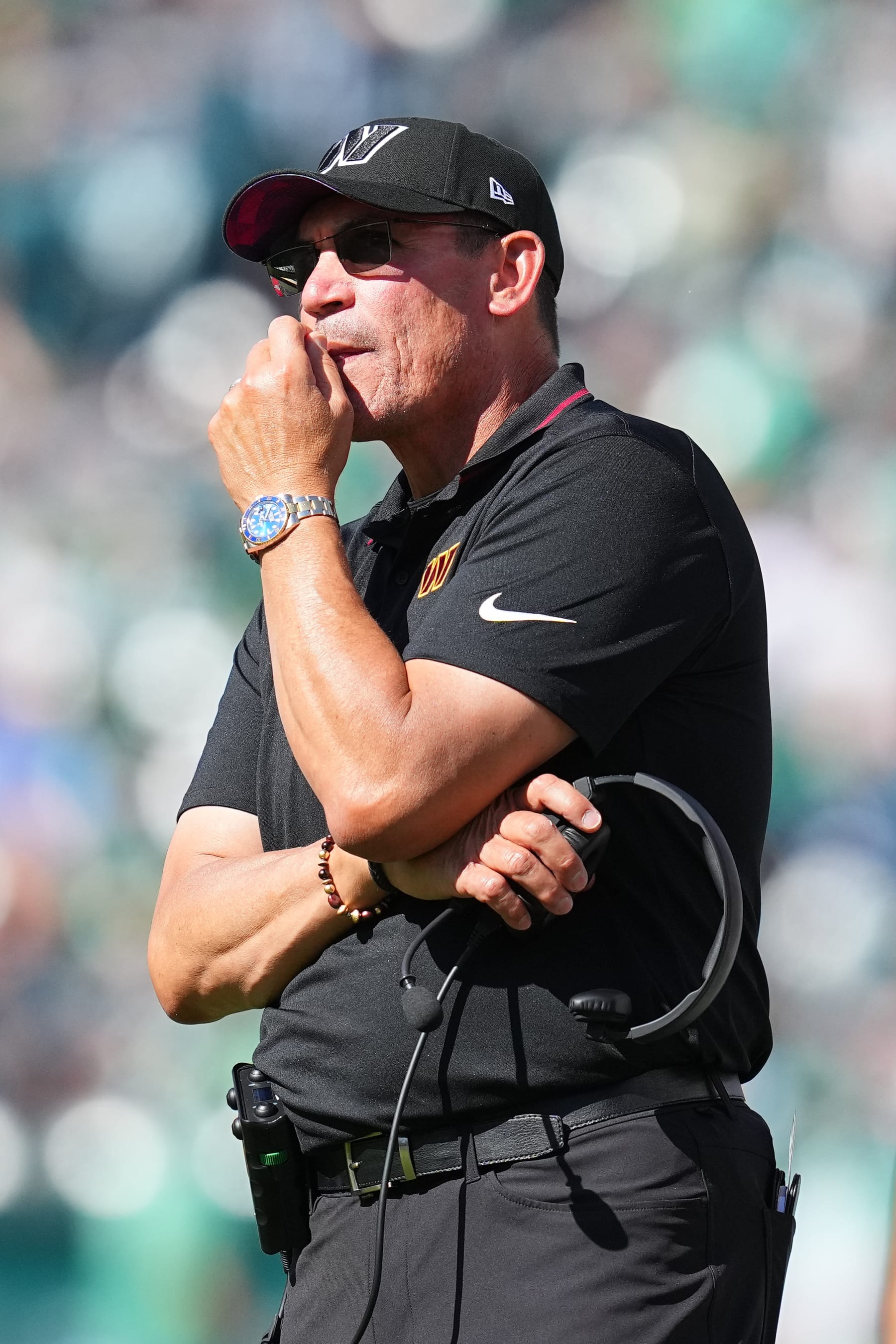 PHILADELPHIA, PENNSYLVANIA - OCTOBER 1: Head coach Ron Rivera of the Washington Commanders looks on against the Philadelphia Eagles at Lincoln Financial Field on October 1, 2023 in Philadelphia, Pennsylvania. (Photo by Mitchell Leff/Getty Images)
