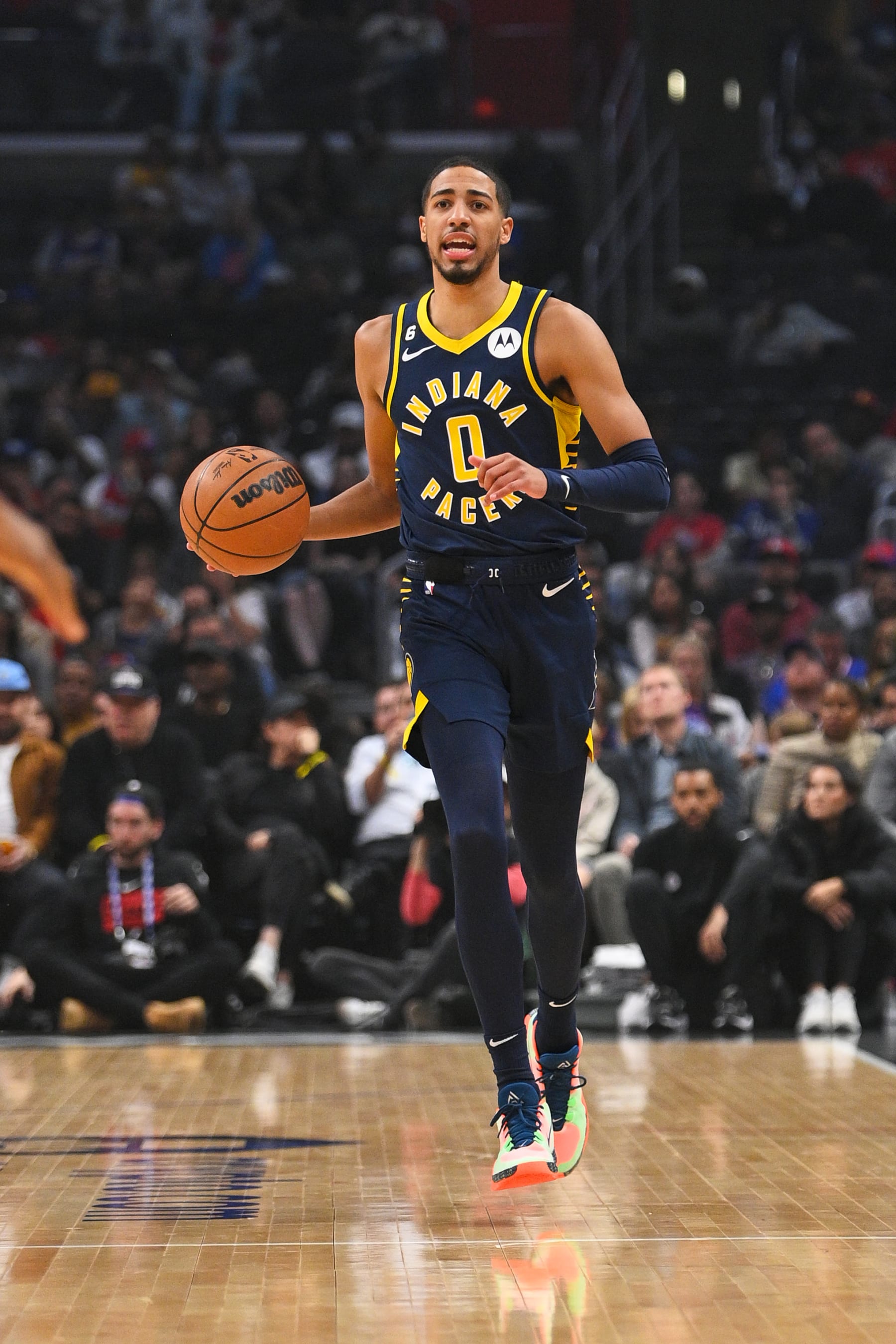 LOS ANGELES, CA - NOVEMBER 27: Indiana Pacers Guard Tyrese Haliburton (0) dribbles up the court during a NBA game between the Indiana Pacers and the Los Angeles Clippers on November 27, 2022 at Crypto.com Arena in Los Angeles, CA. (Photo by Brian Rothmuller/Icon Sportswire via Getty Images)