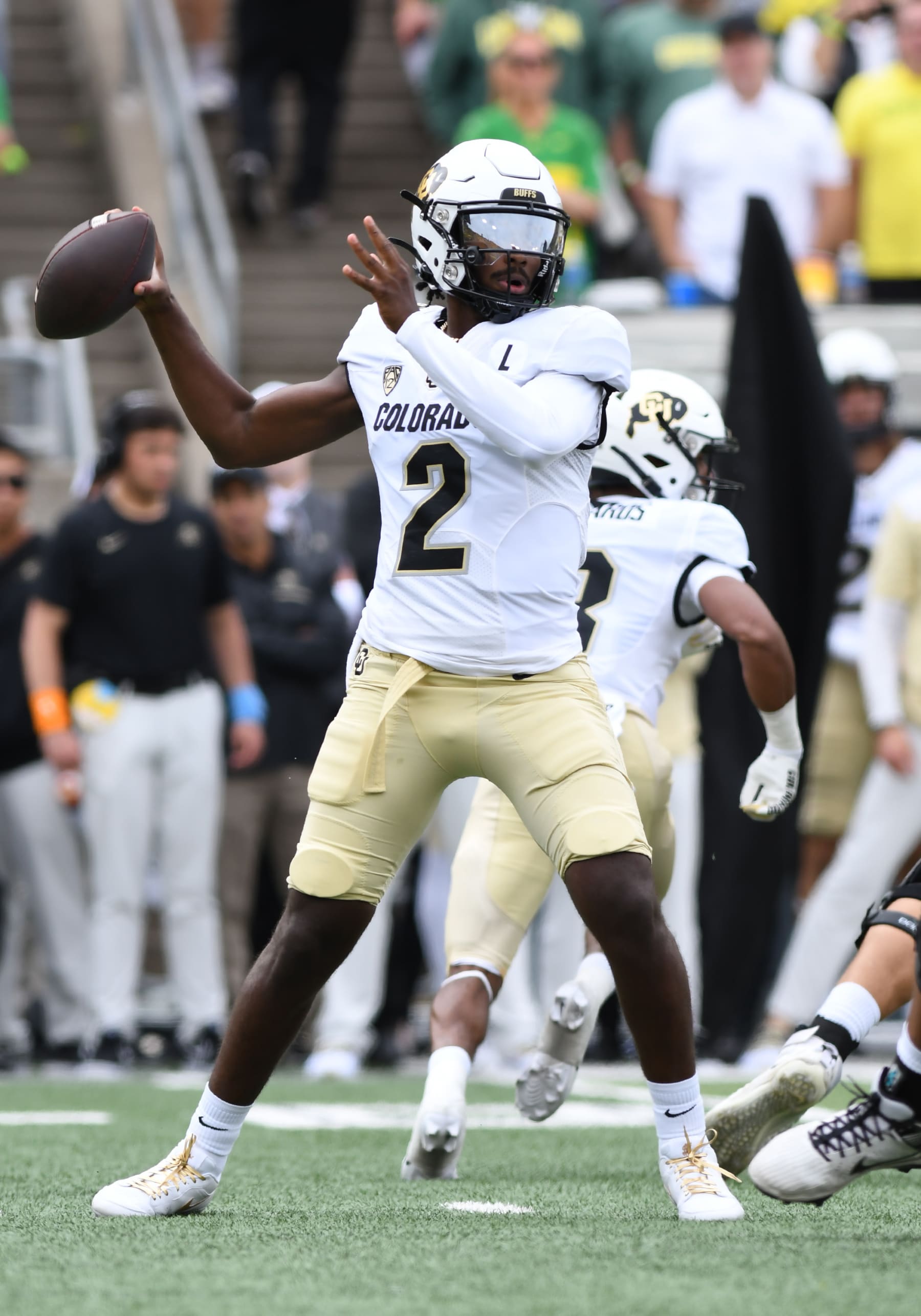 EUGENE, OR - SEPTEMBER 23: Colorado Buffaloes quarterback Shedeur Sanders (2) drops back to pass during a PAC-12 conference football game between the Colorado Buffaloes and Oregon Ducks on September 23, 2023 at Autzen Stadium in Eugene, Oregon. (Photo by Brian Murphy/Icon Sportswire via Getty Images)