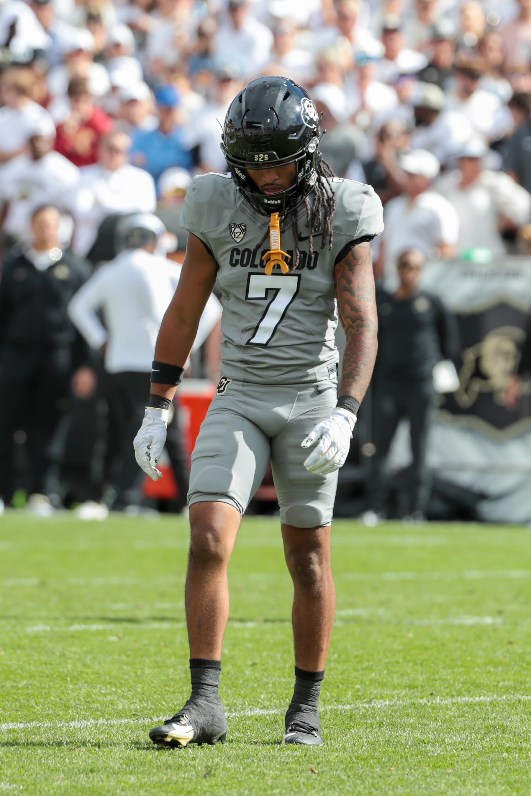 BOULDER, CO - SEPTEMBER 30: Colorado Buffaloes safety Cam'Ron Silmon-Craig (7) looks down  during the college football game between the USC Trojans and the Colorado Buffaloes on September 30, 2023, at Folsom Field in Boulder, CO. (Photo by Jevone Moore/Icon Sportswire via Getty Images)
