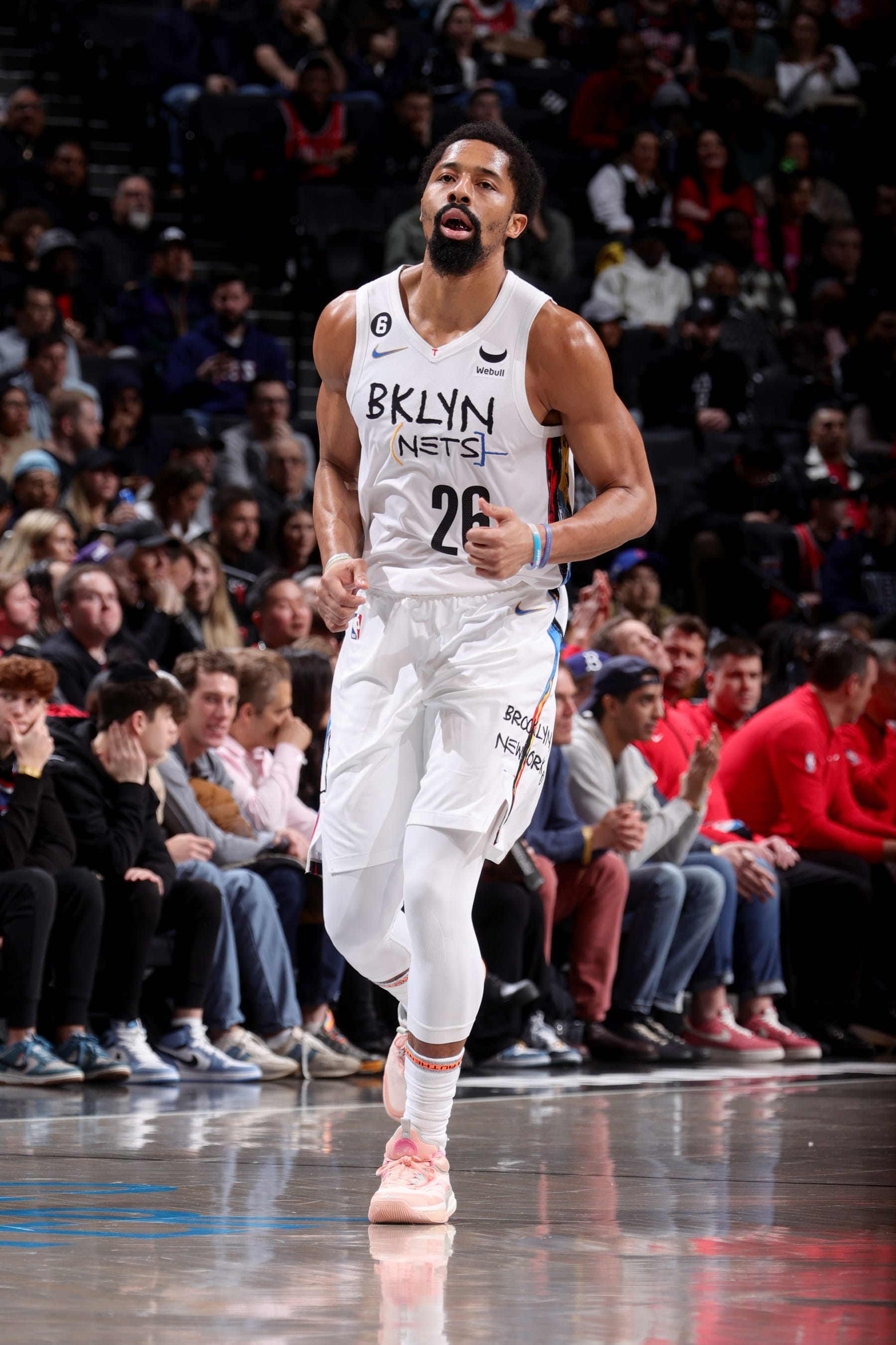 BROOKLYN, NY - FEBRUARY 9: Spencer Dinwiddie #26 of the Brooklyn Nets looks on during the game against the Chicago Bulls on February 9, 2023 at Barclays Center in Brooklyn, New York. NOTE TO USER: User expressly acknowledges and agrees that, by downloading and or using this Photograph, user is consenting to the terms and conditions of the Getty Images License Agreement. Mandatory Copyright Notice: Copyright 2023 NBAE (Photo by Nathaniel S. Butler/NBAE via Getty Images)