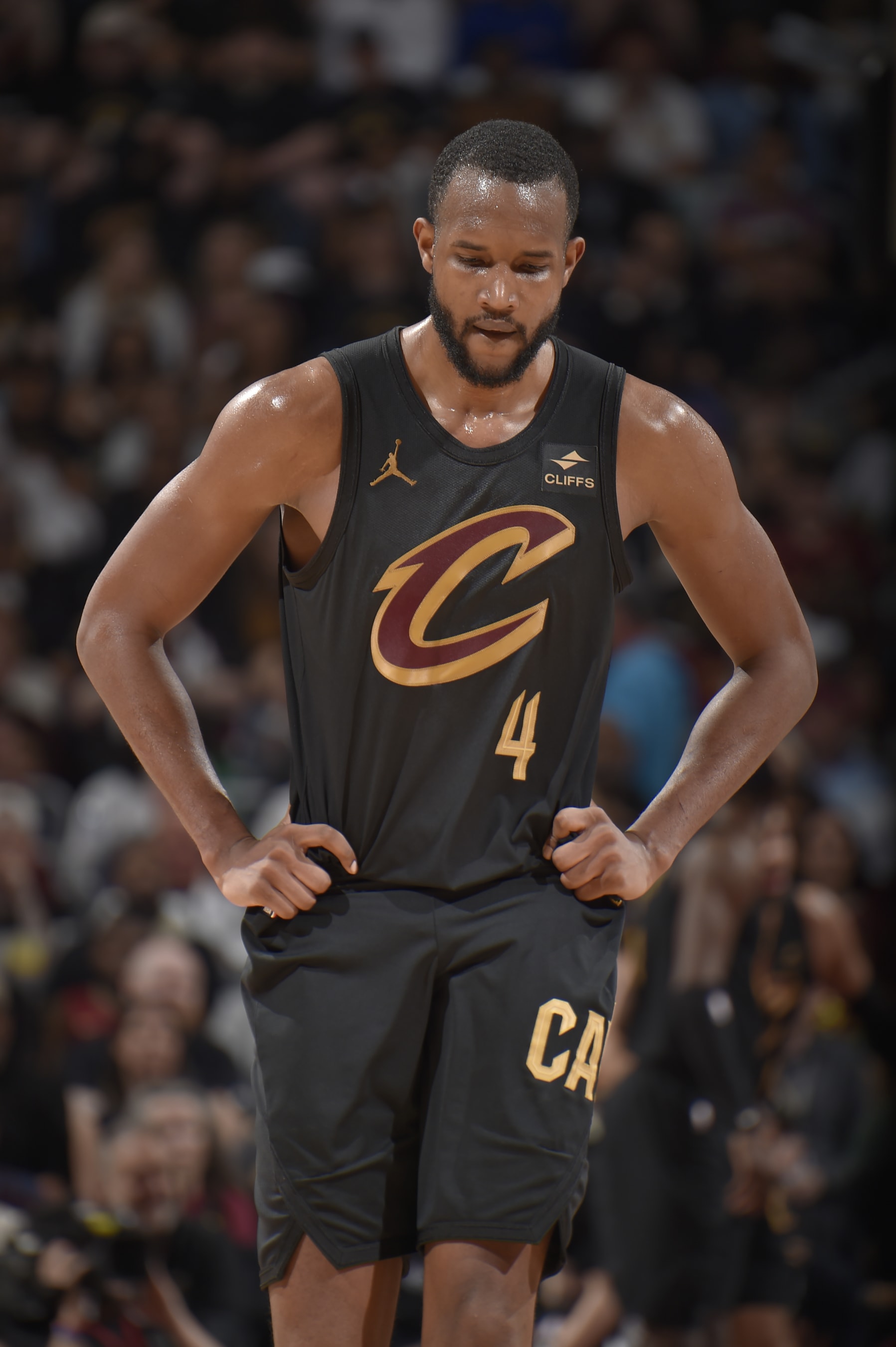 CLEVELAND, OH - APRIL 30: Evan Mobley #4 of the Cleveland Cavaliers looks on during the game against the Orlando Magic during Round 1 Game 5 of the 2024 NBA Playoffs on April 30, 2024 at Rocket Mortgage FieldHouse in Cleveland, Ohio. NOTE TO USER: User expressly acknowledges and agrees that, by downloading and/or using this Photograph, user is consenting to the terms and conditions of the Getty Images License Agreement. Mandatory Copyright Notice: Copyright 2024 NBAE (Photo by David Liam Kyle/NBAE via Getty Images)