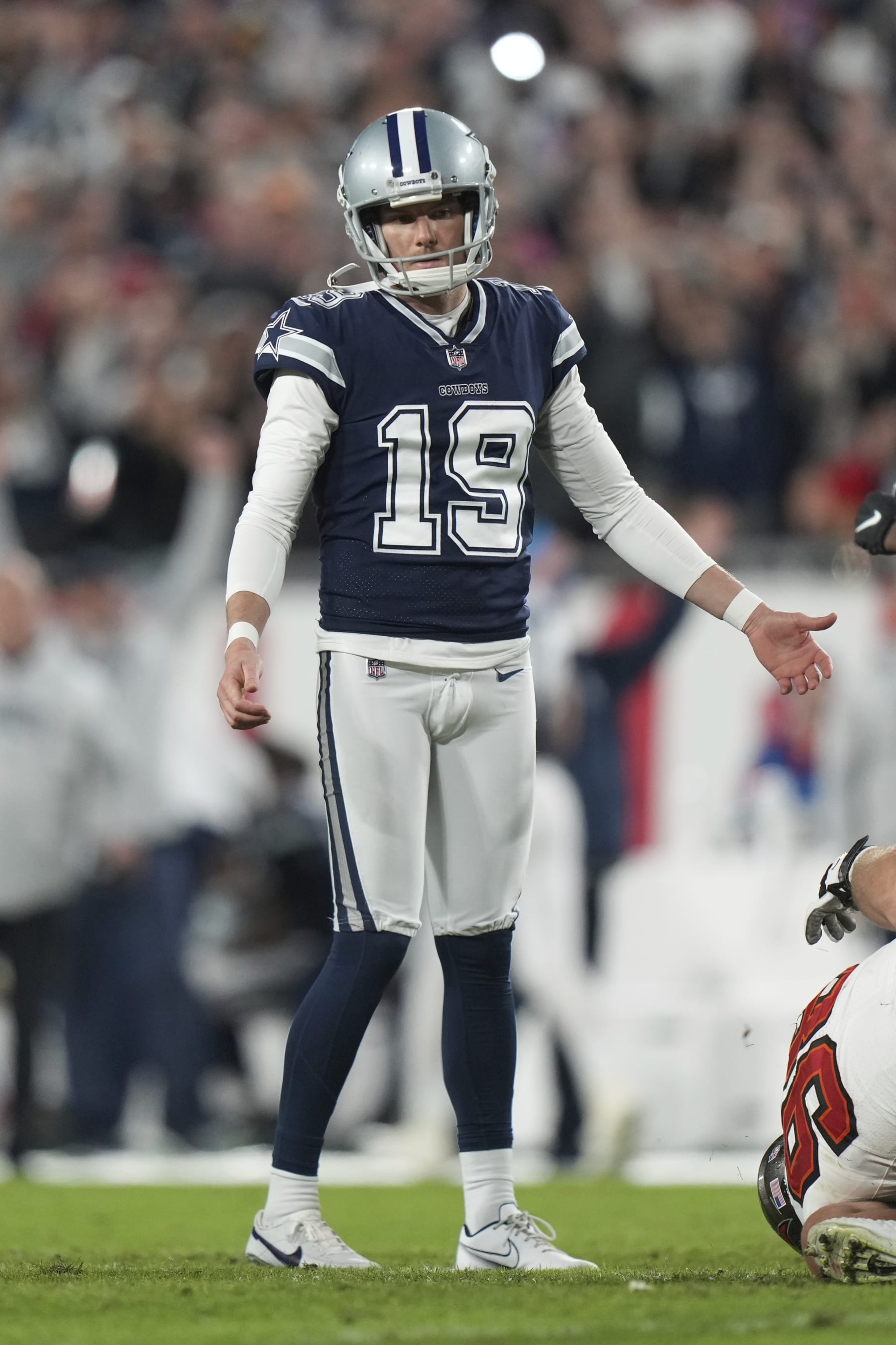 Dallas Cowboys place kicker Brett Maher (19) finally makes an extra point after missing his first four on the night during a wild card NFL football playoff game against the Tampa Bay Buccaneers, Monday, Jan. 16, 2023, in Tampa, Fla. (AP Photo/Peter Joneleit)