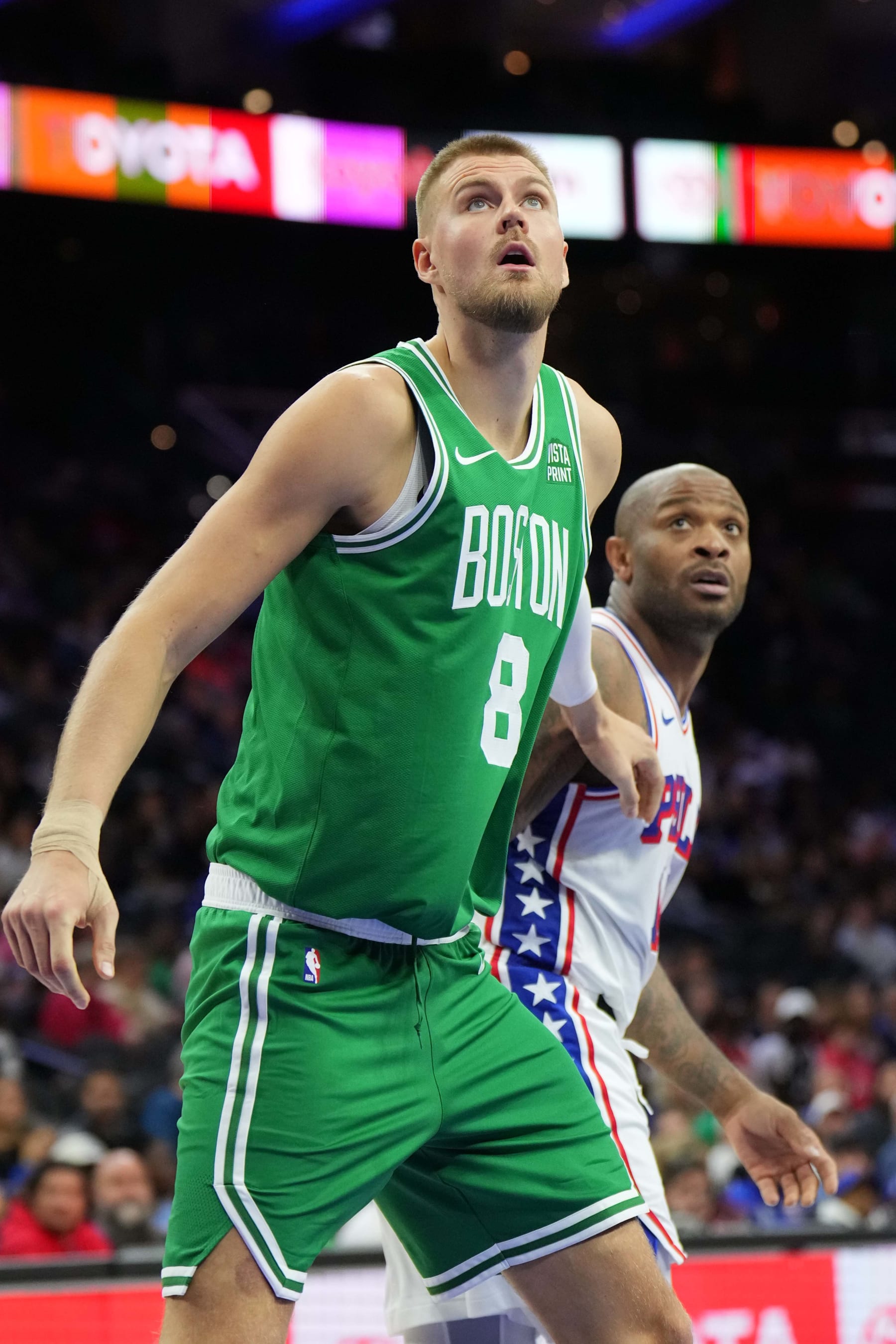 PHILADELPHIA, PA - OCTOBER 11: Kristaps Porzingis #8 of the Boston Celtics boxes out during the game against the Philadelphia 76ers on October 11, 2023 at the Wells Fargo Center in Philadelphia, Pennsylvania NOTE TO USER: User expressly acknowledges and agrees that, by downloading and/or using this Photograph, user is consenting to the terms and conditions of the Getty Images License Agreement. Mandatory Copyright Notice: Copyright 2023 NBAE (Photo by Jesse D. Garrabrant/NBAE via Getty Images)