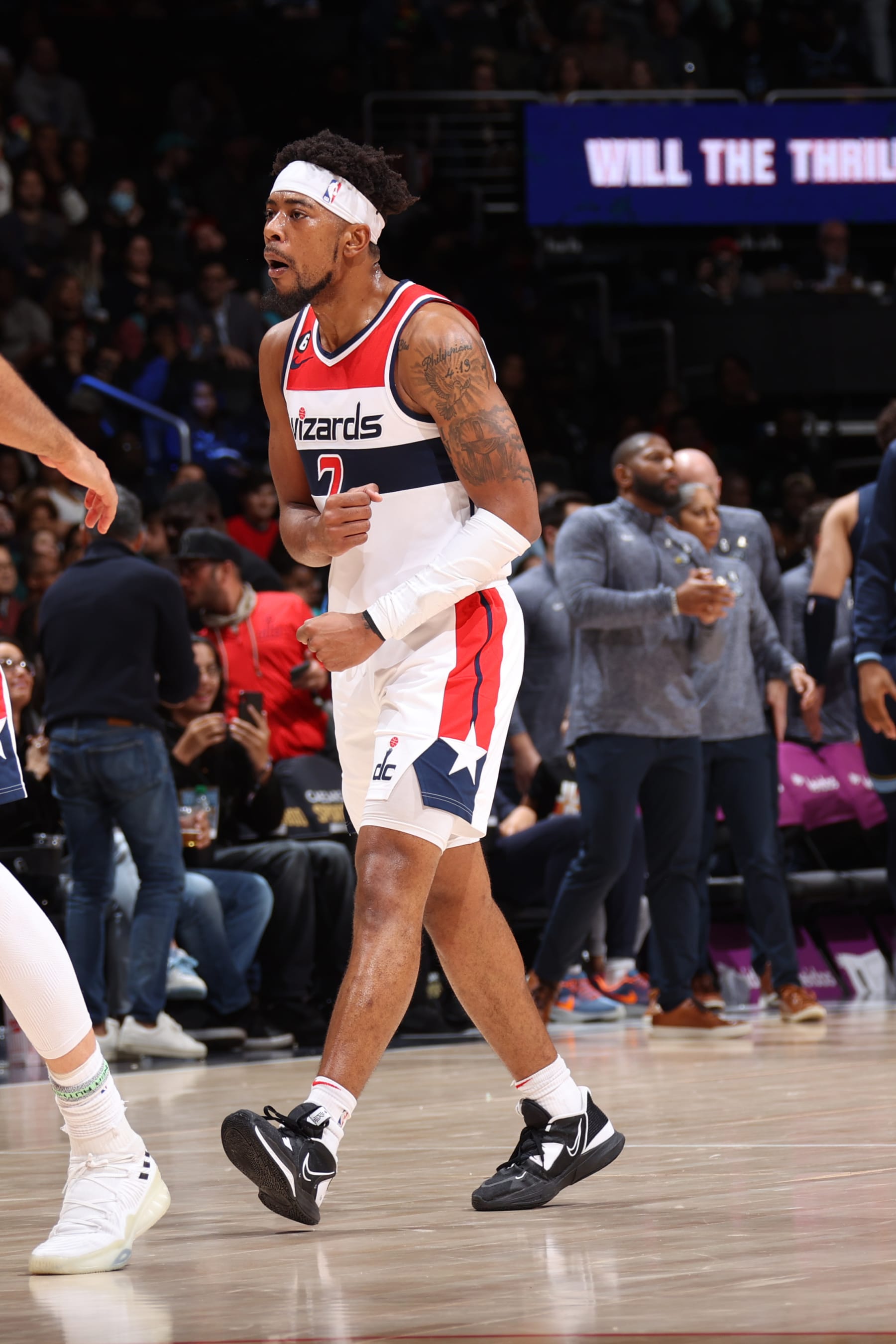 WASHINGTON, DC -  NOVEMBER 13: Jordan Goodwin #7 of the Washington Wizards celebrates during the game against the Memphis Grizzlies on November 13, 2022 at Capital One Arena in Washington, DC. NOTE TO USER: User expressly acknowledges and agrees that, by downloading and or using this Photograph, user is consenting to the terms and conditions of the Getty Images License Agreement. Mandatory Copyright Notice: Copyright 2022 NBAE (Photo by Stephen Gosling/NBAE via Getty Images)