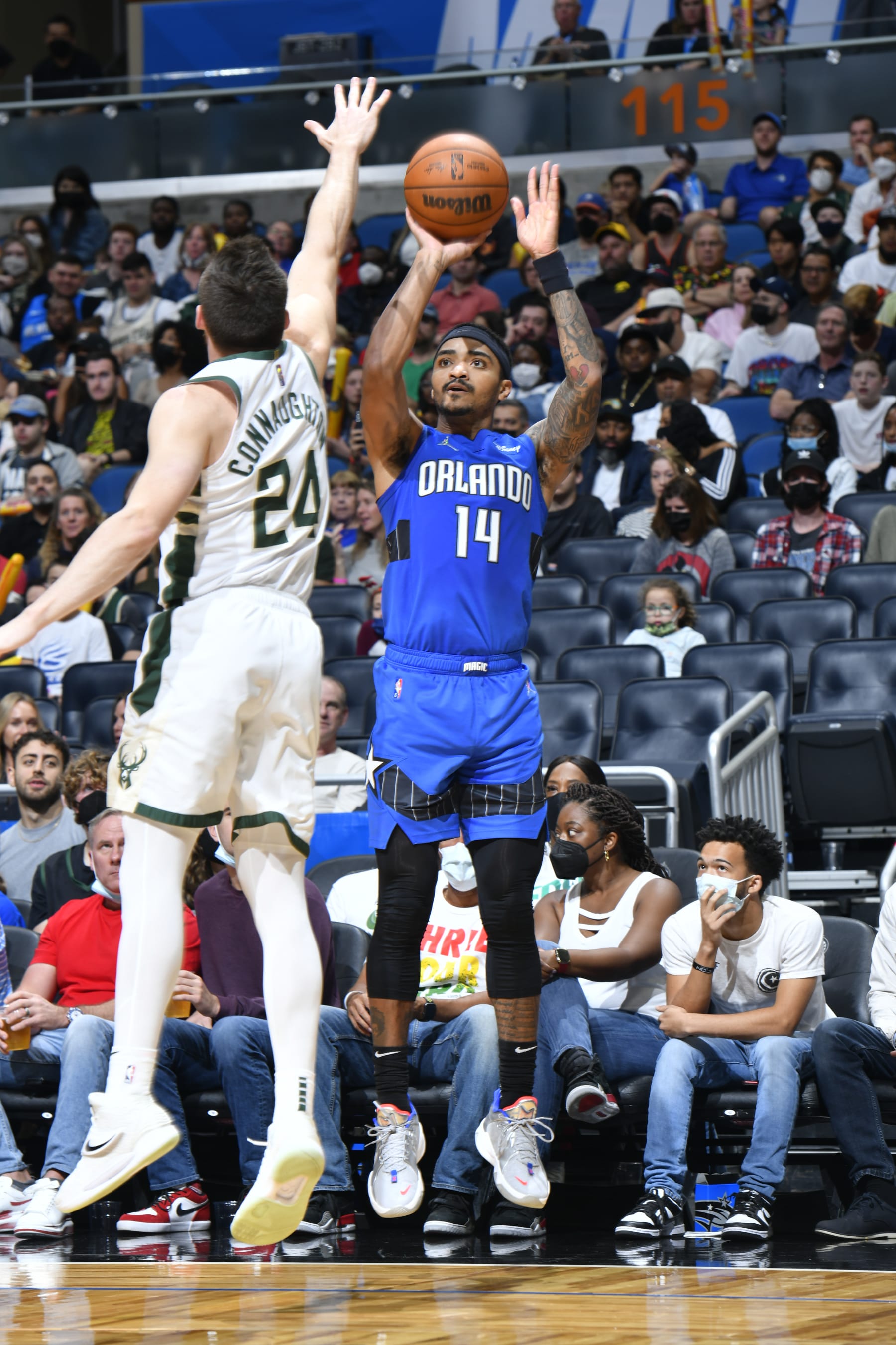 ORLANDO, FL - DECEMBER 30: Gary Harris #14 of the Orlando Magic shoots the ball during the game against the Milwaukee Bucks on December 30, 2021 at Amway Center in Orlando, Florida. NOTE TO USER: User expressly acknowledges and agrees that, by downloading and or using this photograph, User is consenting to the terms and conditions of the Getty Images License Agreement. Mandatory Copyright Notice: Copyright 2021 NBAE (Photo by Gary Bassing/NBAE via Getty Images)