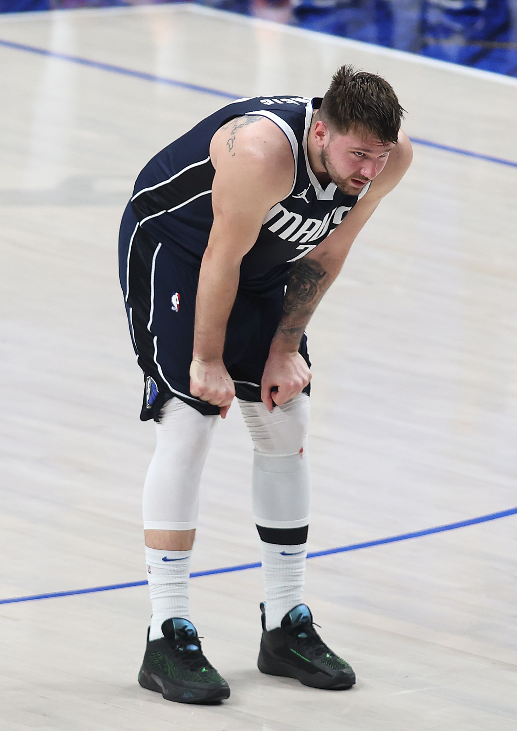 DALLAS, TEXAS - JUNE 12: Luka DonÄiÄ #77 of the Dallas Mavericks looks on in the fourth quarter against the Boston Celtics in Game Three of the 2024 NBA Finals at American Airlines Center on June 12, 2024 in Dallas, Texas. NOTE TO USER: User expressly acknowledges and agrees that, by downloading and or using this photograph, User is consenting to the terms and conditions of the Getty Images License Agreement. (Photo by Tim Heitman/Getty Images)