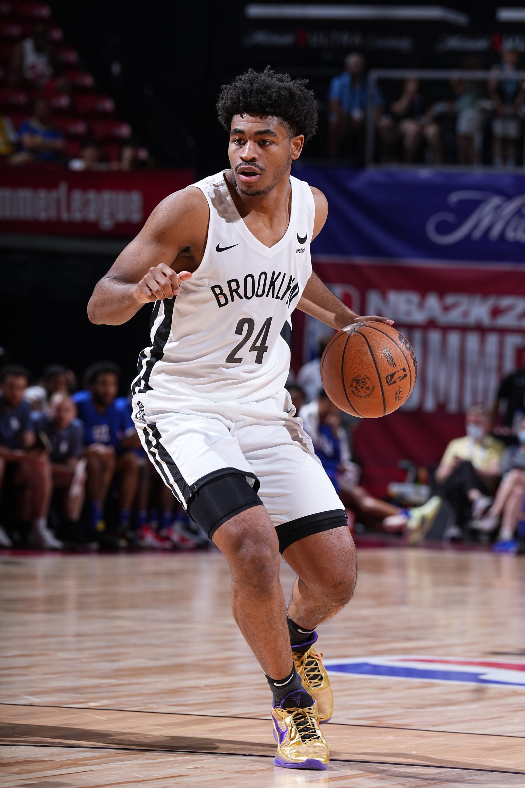 LAS VEGAS, NV - JULY 10: Cam Thomas #24 of Brooklyn Nets handles the ball during the game during the game against the Philadelphia 76ers  during the 2022 Las Vegas Summer League on July 10, 2022 at the Thomas & Mack Center in Las Vegas, Nevada NOTE TO USER: User expressly acknowledges and agrees that, by downloading and/or using this Photograph, user is consenting to the terms and conditions of the Getty Images License Agreement. Mandatory Copyright Notice: Copyright 2022 NBAE (Photo by Garrett Ellwood/NBAE via Getty Images)