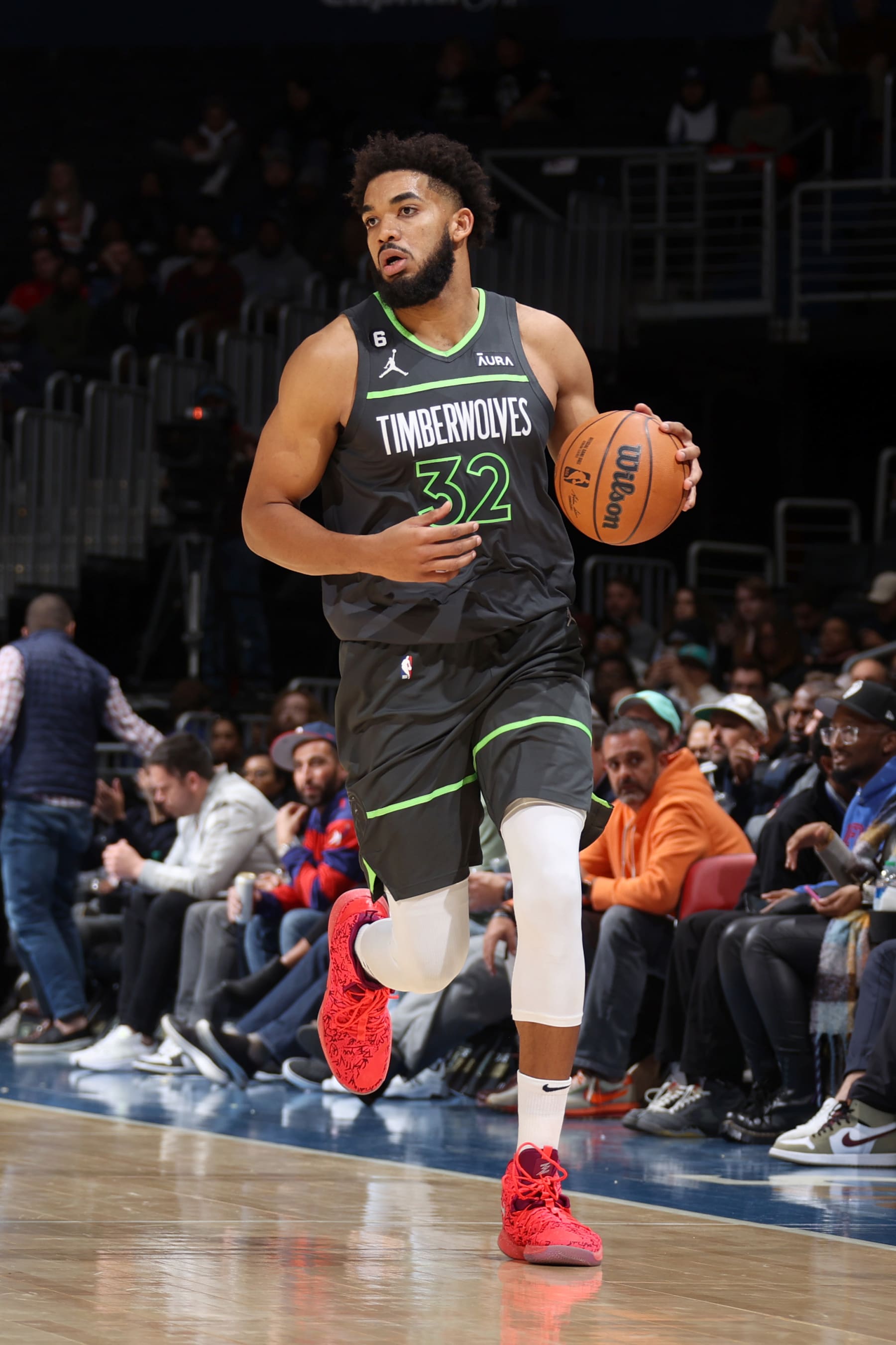 WASHINGTON, DC -  NOVEMBER 28: Karl-Anthony Towns #32 of the Minnesota Timberwolves dribbles the ball during the game against the Washington Wizards on November 28, 2022 at Capital One Arena in Washington, DC. NOTE TO USER: User expressly acknowledges and agrees that, by downloading and or using this Photograph, user is consenting to the terms and conditions of the Getty Images License Agreement. Mandatory Copyright Notice: Copyright 2022 NBAE (Photo by Stephen Gosling/NBAE via Getty Images)