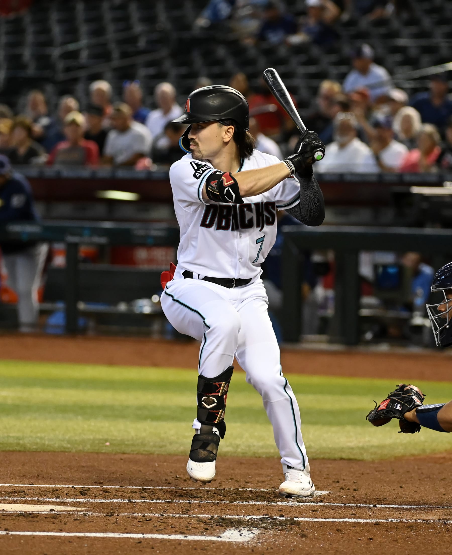 PHOENIX, ARIZONA - JUNE 29: Corbin Carroll #7 of the Arizona Diamondbacks gets ready in the batters box against the Tampa Bay Rays at Chase Field on June 29, 2023 in Phoenix, Arizona. (Photo by Norm Hall/Getty Images)