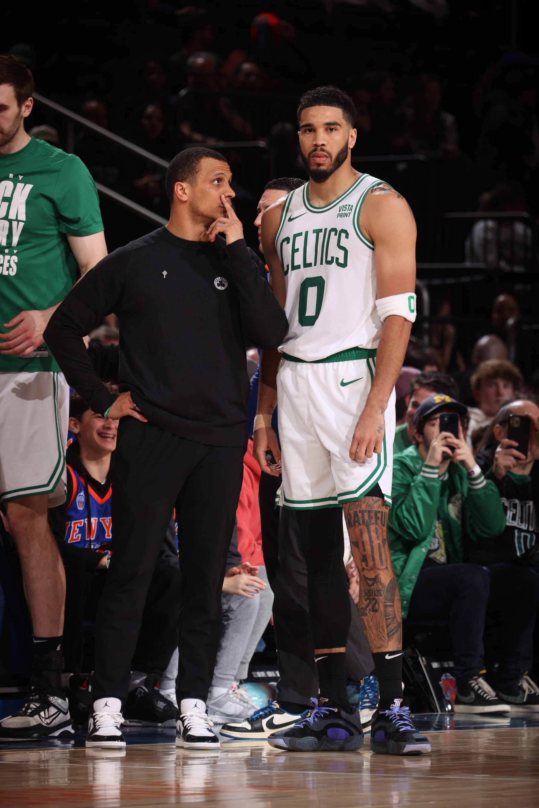 NEW YORK, NY - FEBRUARY 24: Head Coach Joe Mazzulla and Jayson Tatum #0 of the Boston Celtics talk during the game against the New York Knicks on February 24, 2024 at Madison Square Garden in New York City, New York.  NOTE TO USER: User expressly acknowledges and agrees that, by downloading and or using this photograph, User is consenting to the terms and conditions of the Getty Images License Agreement. Mandatory Copyright Notice: Copyright 2024 NBAE  (Photo by Nathaniel S. Butler/NBAE via Getty Images)