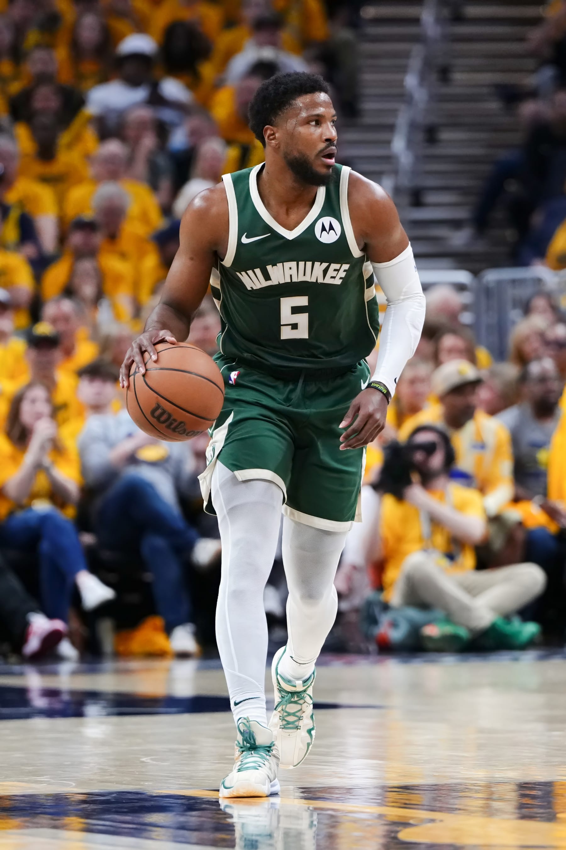 INDIANAPOLIS, INDIANA - MAY 02: Malik Beasley #5 of the Milwaukee Bucks dribbles the ball in the third quarter against the Indiana Pacers during game six of the Eastern Conference First Round Playoffs at Gainbridge Fieldhouse on May 02, 2024 in Indianapolis, Indiana. NOTE TO USER: User expressly acknowledges and agrees that, by downloading and or using this photograph, User is consenting to the terms and conditions of the Getty Images License Agreement. (Photo by Dylan Buell/Getty Images)