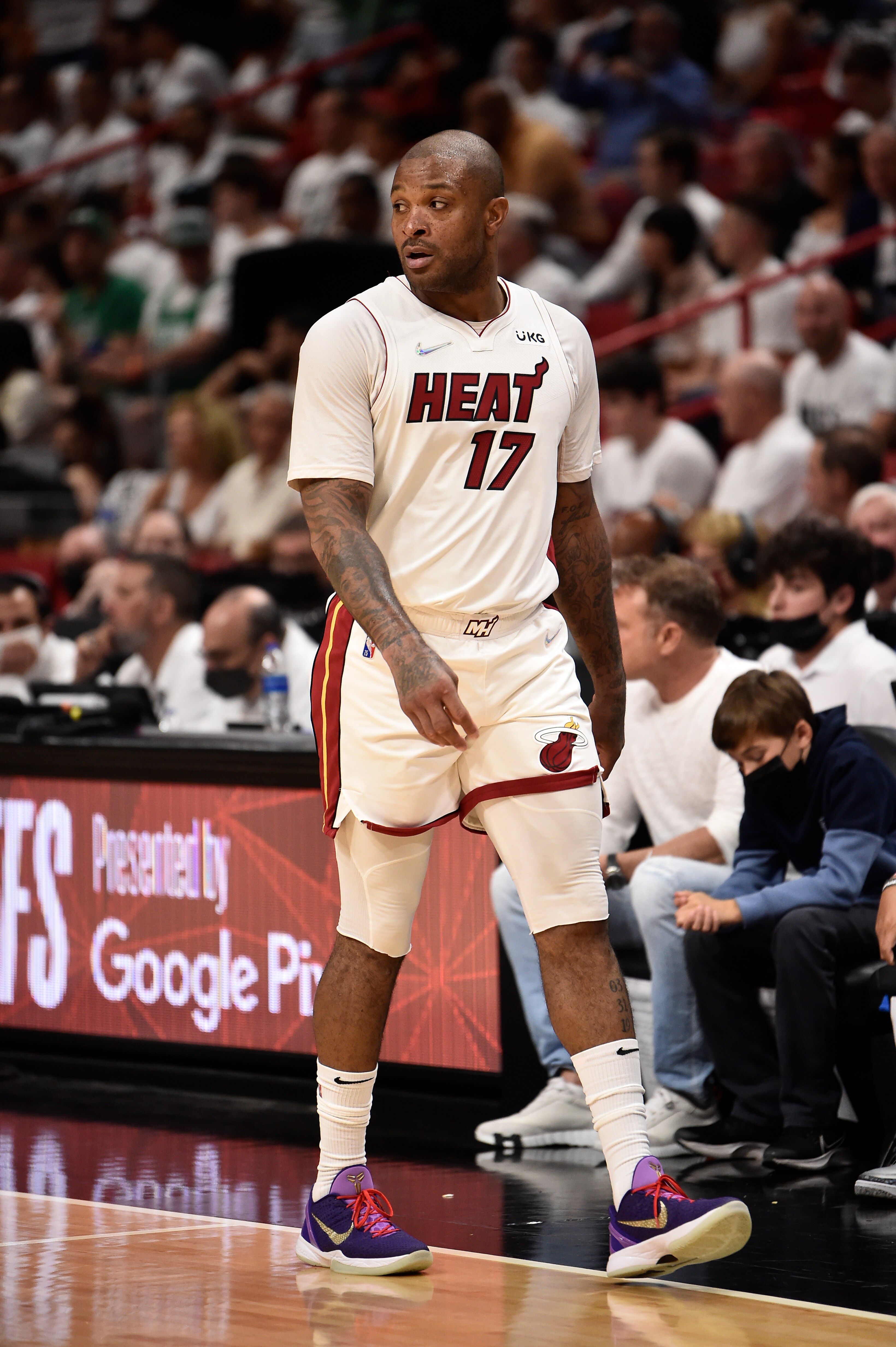 MIAMI, FL - MAY 25: P.J. Tucker #17 of the Miami Heat looks on during Game 5 of the 2022 NBA Playoffs Eastern Conference Finals on May 25, 2022 at FTX Arena in Miami, Florida. NOTE TO USER: User expressly acknowledges and agrees that, by downloading and or using this Photograph, user is consenting to the terms and conditions of the Getty Images License Agreement. Mandatory Copyright Notice: Copyright 2022 NBAE (Photo by David Dow/NBAE via Getty Images)