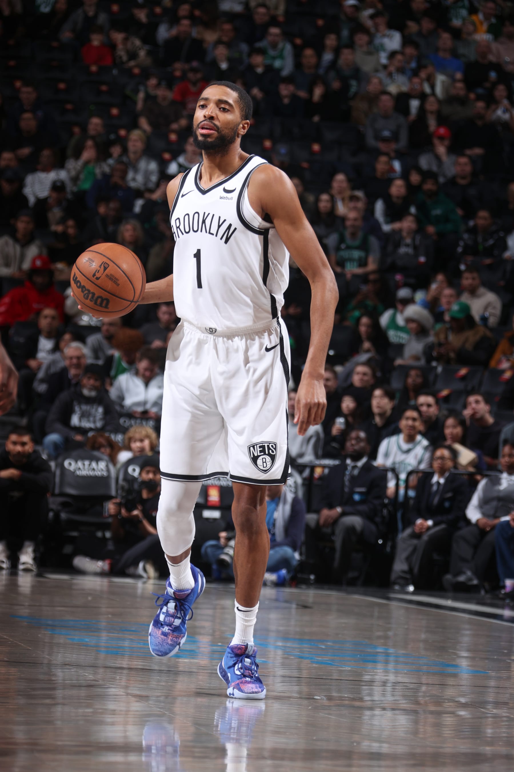 BROOKLYN, NY - FEBRUARY 13: Mikal Bridges #1 of the Brooklyn Nets handles the ball during the game  on February 13, 2024 at Barclays Center in Brooklyn, New York. NOTE TO USER: User expressly acknowledges and agrees that, by downloading and or using this Photograph, user is consenting to the terms and conditions of the Getty Images License Agreement. Mandatory Copyright Notice: Copyright 2024 NBAE (Photo by Nathaniel S. Butler/NBAE via Getty Images)