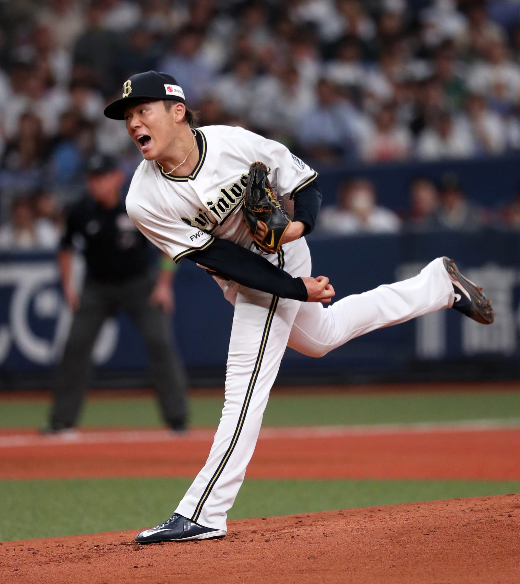 OSAKA, JAPAN - OCTOBER 18: Yoshinobu Yamamoto of the Orix Buffaloes throws during the Pacific League Climax Series Final Game One against Chiba Lotte Marines at Kyocera Dome Osaka on October 18, 2023 in Osaka, Japan. (Photo by Sports Nippon/Getty Images)