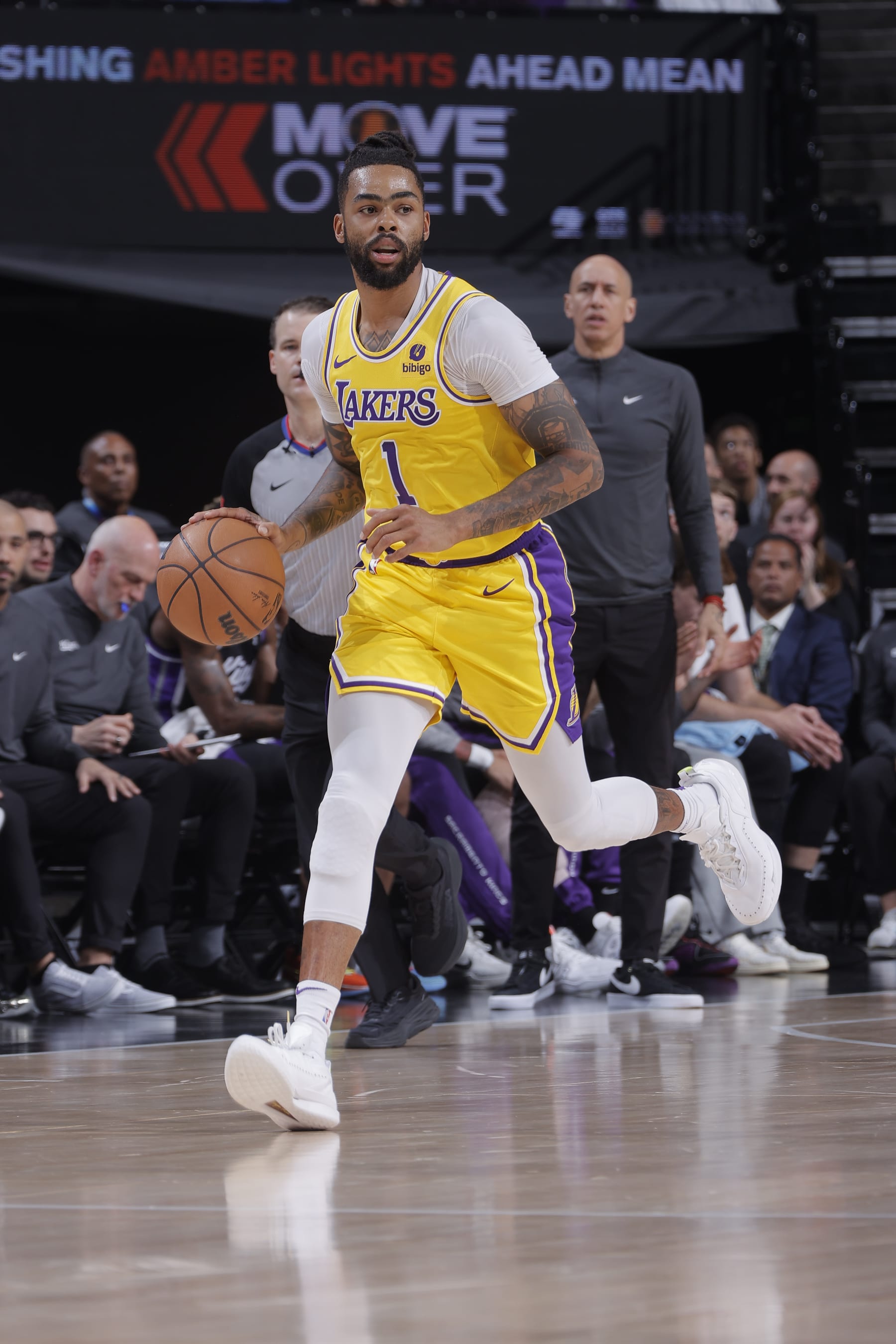 SACRAMENTO, CA - MARCH 13:  D'Angelo Russell #1 of the Los Angeles Lakers handles the ball during the game against the Sacramento Kings on March 13, 2024 at Golden 1 Center in Sacramento, California. NOTE TO USER: User expressly acknowledges and agrees that, by downloading and or using this Photograph, user is consenting to the terms and conditions of the Getty Images License Agreement. Mandatory Copyright Notice: Copyright 2024 NBAE (Photo by Rocky Widner/NBAE via Getty Images)