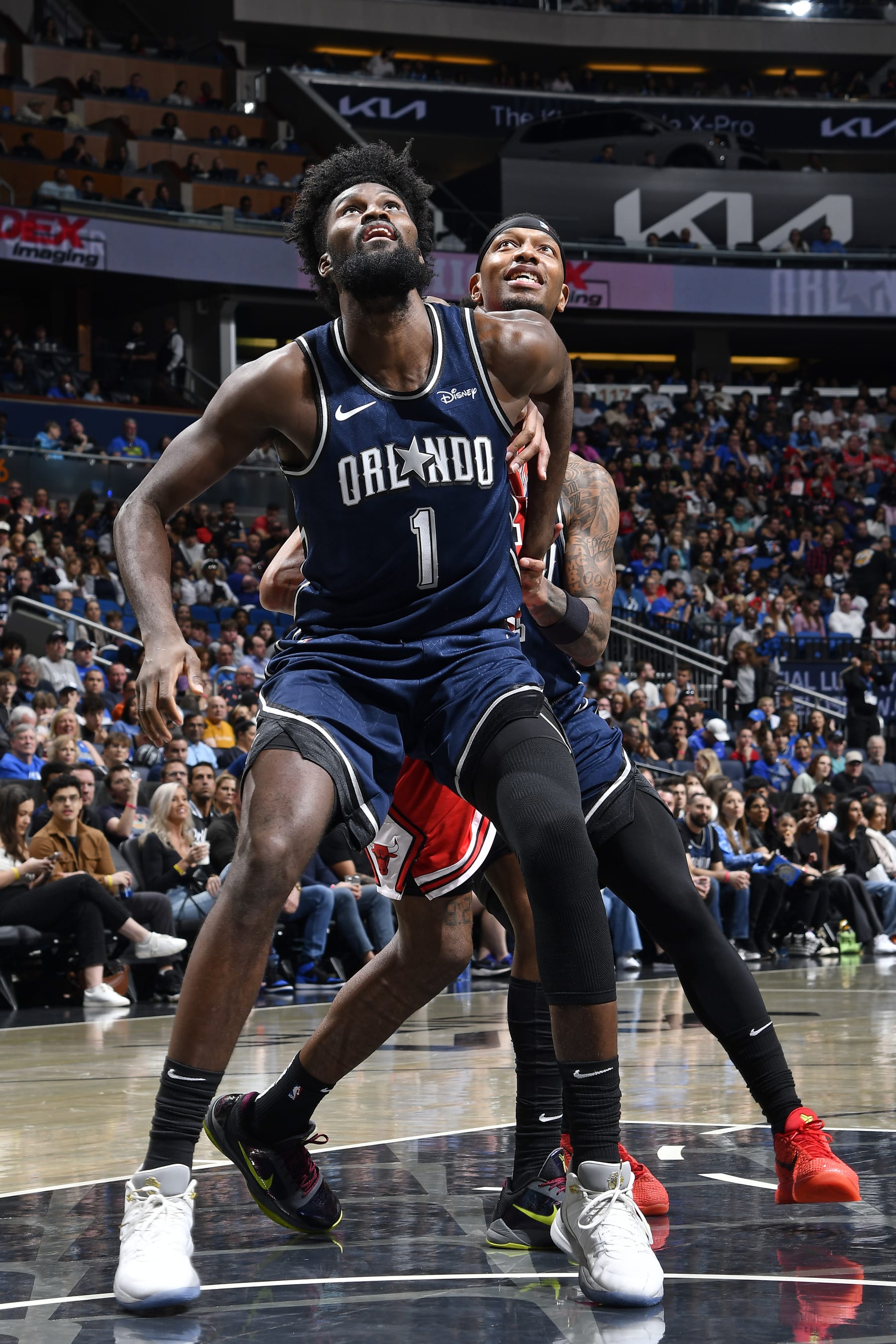 ORLANDO, FL - FEBRUARY 10: Jonathan Isaac #1 of the Orlando Magic boxes out during the game against the Chicago Bulls on February 10, 2024 at the Kia Center in Orlando, Florida. NOTE TO USER: User expressly acknowledges and agrees that, by downloading and or using this photograph, User is consenting to the terms and conditions of the Getty Images License Agreement. Mandatory Copyright Notice: Copyright 2024 NBAE (Photo by Fernando Medina/NBAE via Getty Images)