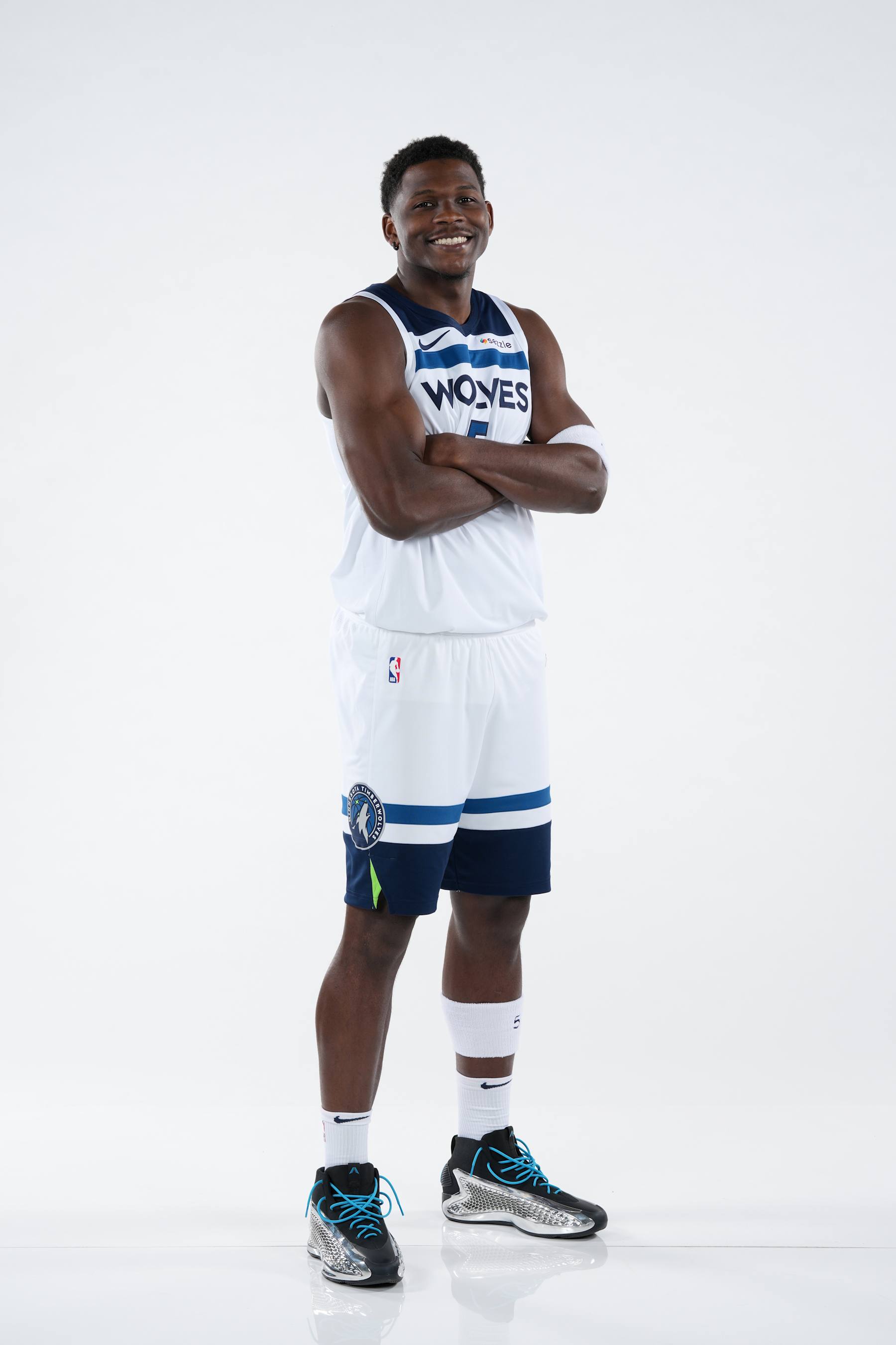 MINNEAPOLIS, MN - SEPTEMBER 30: Anthony Edwards #5 of the Minnesota Timberwolves poses for a portrait during NBA Media Day on September 30, 2024 at Target Center in Minneapolis, Minnesota. NOTE TO USER: User expressly acknowledges and agrees that, by downloading and or using this photograph, User is consenting to the terms and conditions of the Getty Images License Agreement. Mandatory Copyright Notice: Copyright 2024 NBAE (Photo by Jordan Johnson/NBAE via Getty Images)