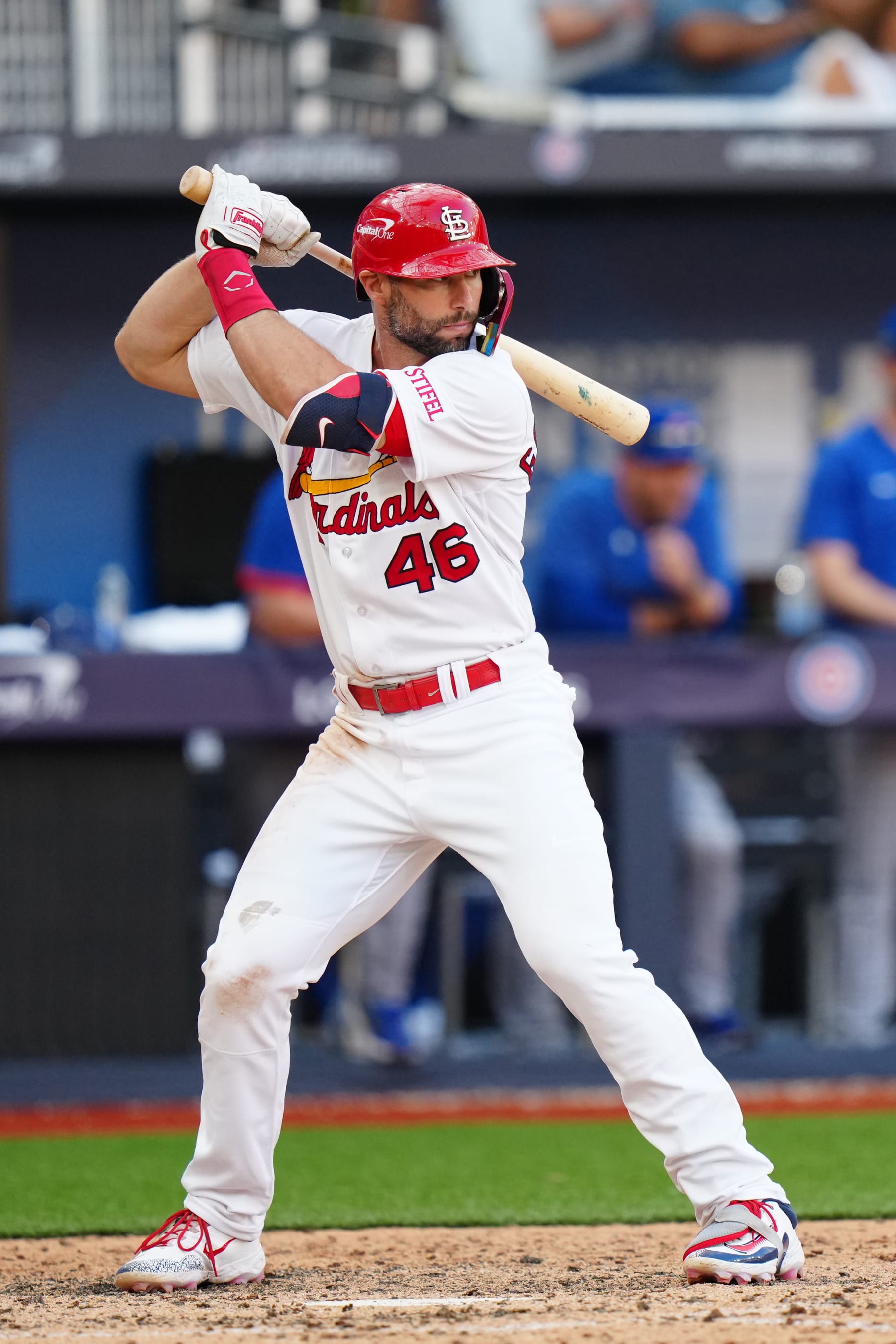 LONDON,  - JUNE 25: Paul Goldschmidt #46 of the St. Louis Cardinals bats during the game between the Chicago Cubs and the St. Louis Cardinals at London Stadium on Sunday, June 25, 2023 in London, England. (Photo by Daniel Shirey/MLB Photos via Getty Images)