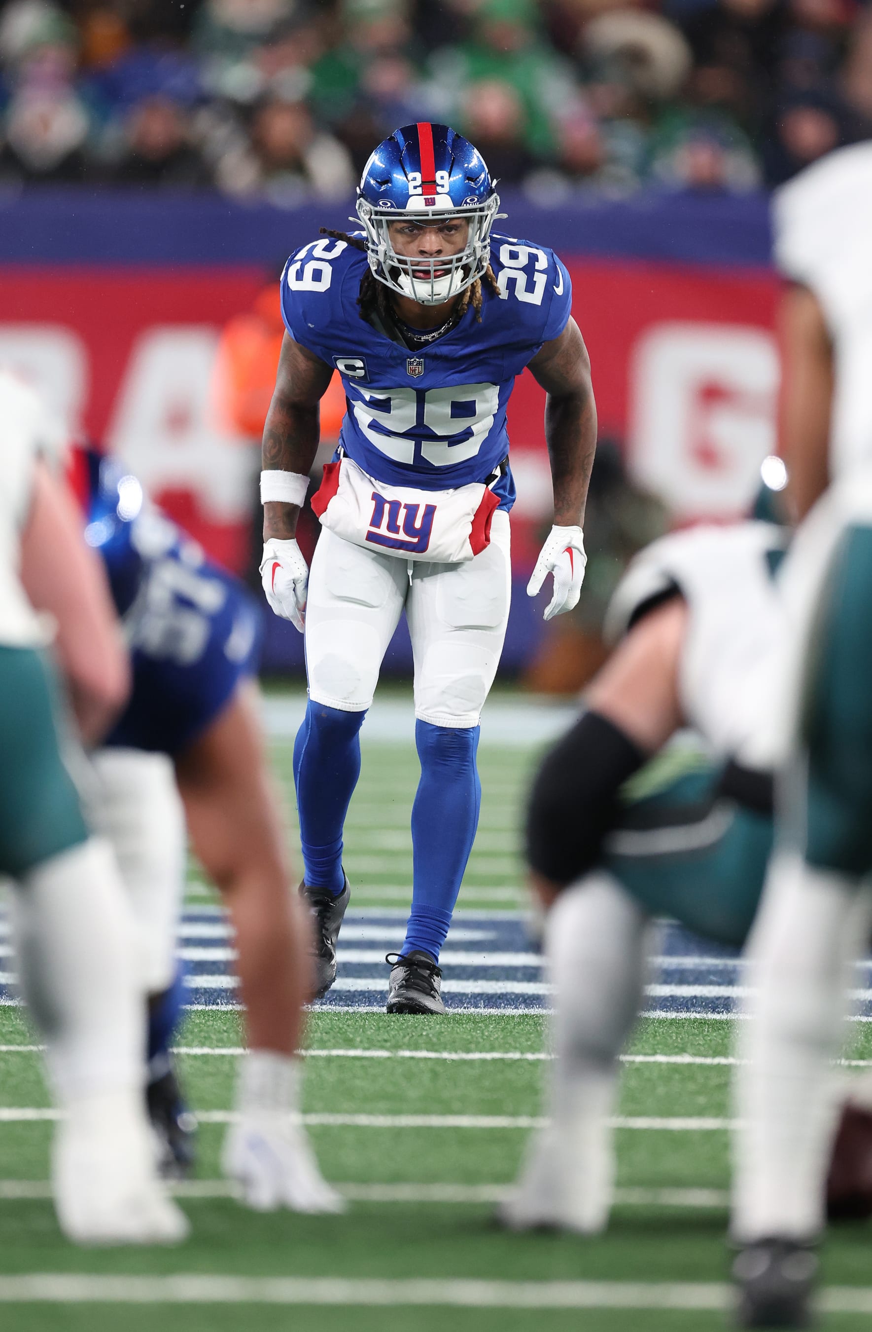 EAST RUTHERFORD, NEW JERSEY - JANUARY 07:  Xavier McKinney #29 of the New York Giants in action against the Philadelphia Eagles during their game at MetLife Stadium on January 07, 2024 in East Rutherford, New Jersey. (Photo by Al Bello/Getty Images)
