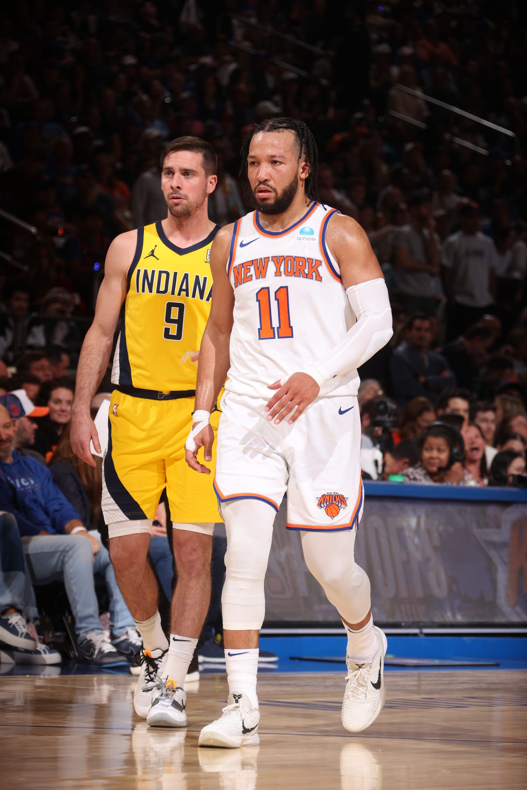 NEW YORK, NY - MAY 19: Jalen Brunson #11 of the New York Knicks looks on during the game against the Indiana Pacers during Round 2 Game 7 of the 2024 NBA Playoffs on May 19, 2024 at Madison Square Garden in New York City, New York.  NOTE TO USER: User expressly acknowledges and agrees that, by downloading and or using this photograph, User is consenting to the terms and conditions of the Getty Images License Agreement. Mandatory Copyright Notice: Copyright 2024 NBAE  (Photo by Nathaniel S. Butler/NBAE via Getty Images)